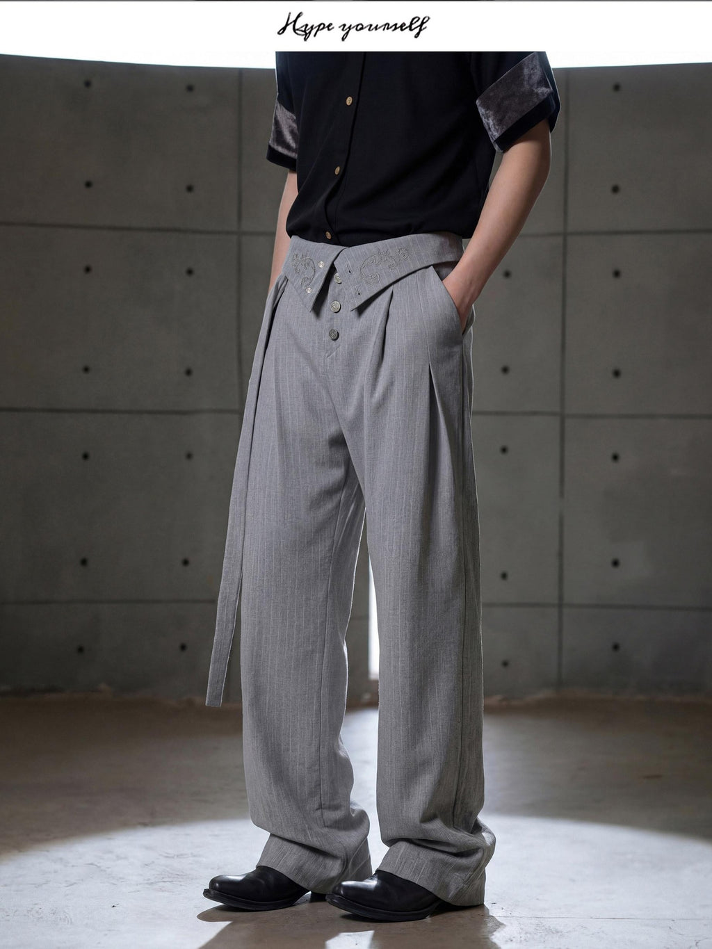 Hypeyourself High Waist Embroidered Pleated Urban Casual Business Loose Striped Flared Pants