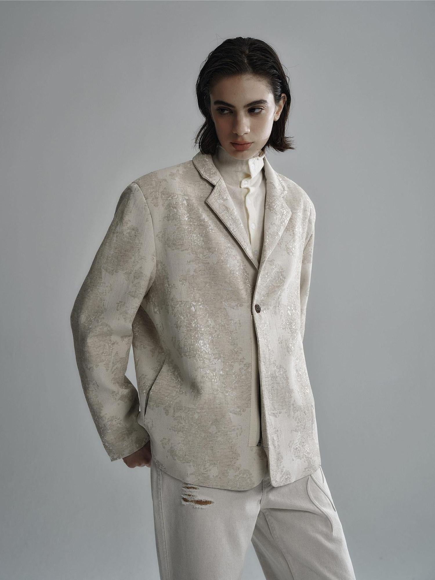 Hypeyourself Jacquard Linen Blend Stand Collar Short Urban Slim Fit Unisex Cropped Jackets
