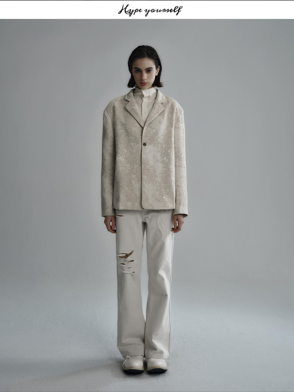 Hypeyourself Jacquard Linen Blend Stand Collar Short Urban Slim Fit Unisex Cropped Jackets