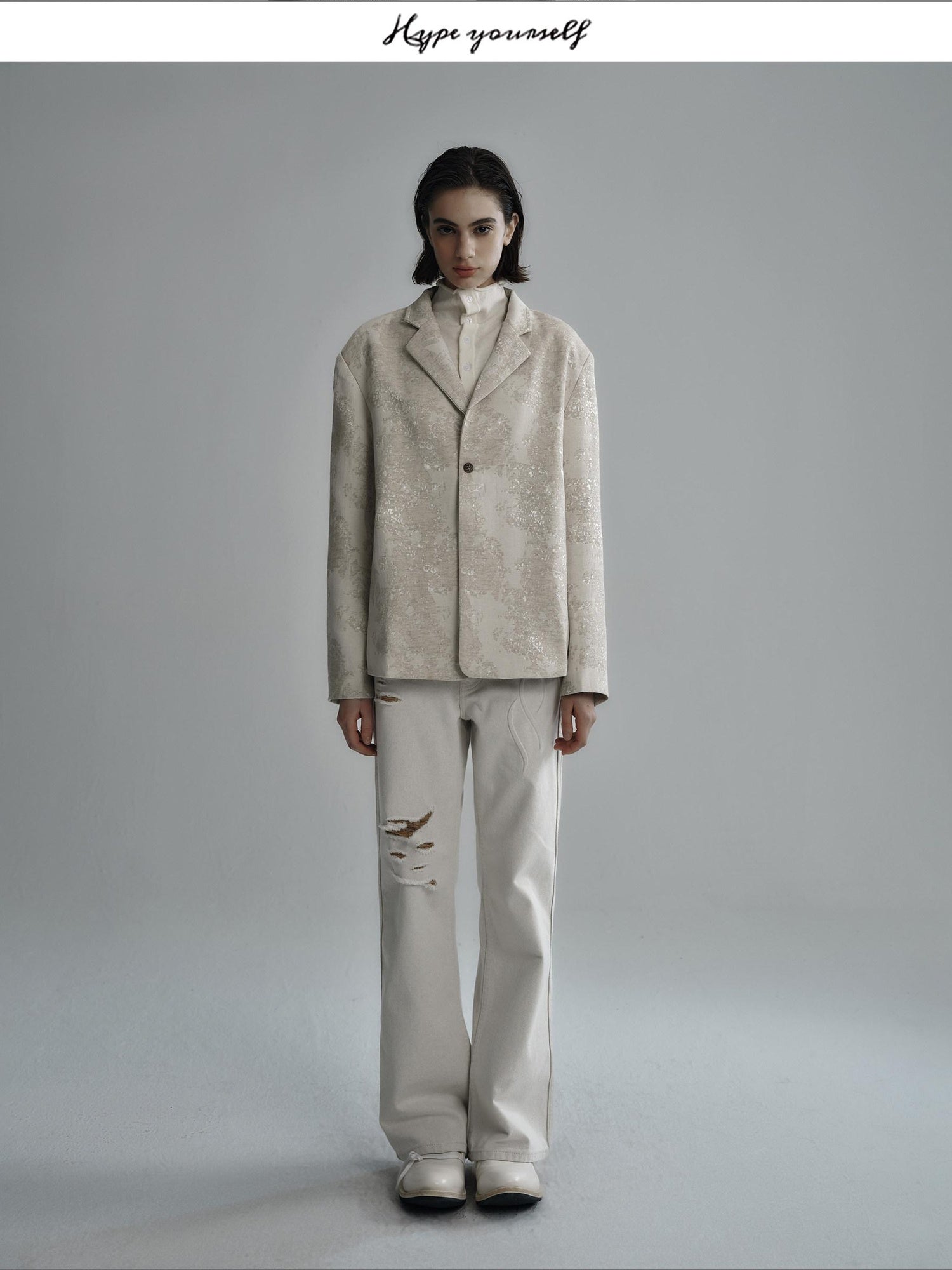 Hypeyourself Jacquard Linen Blend Stand Collar Short Urban Slim Fit Unisex Cropped Jackets