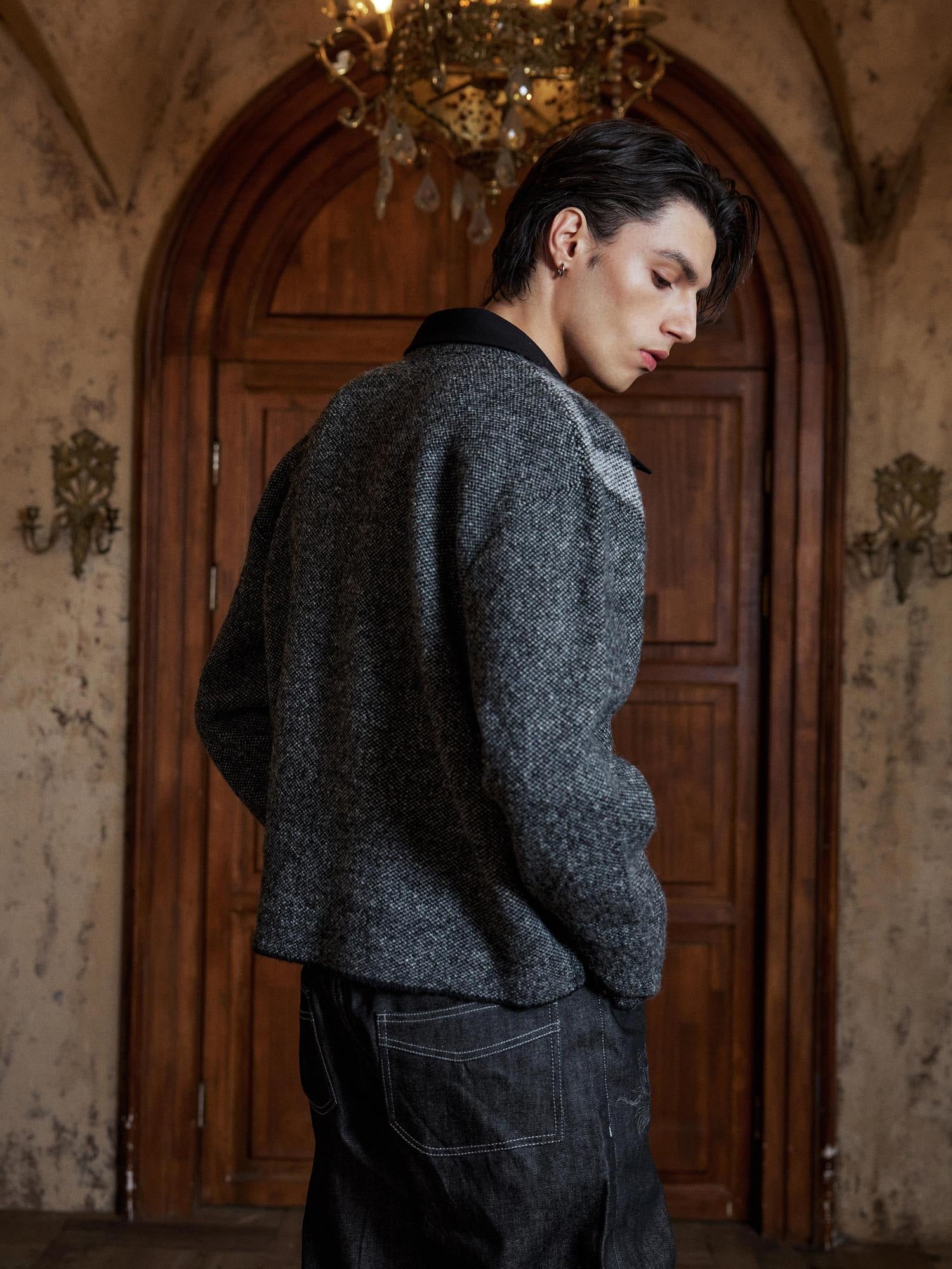 Hypeyourself Jacquard Slub Yarn Zip Shirt Collar Casual Unisex Wool Blend Cardigans