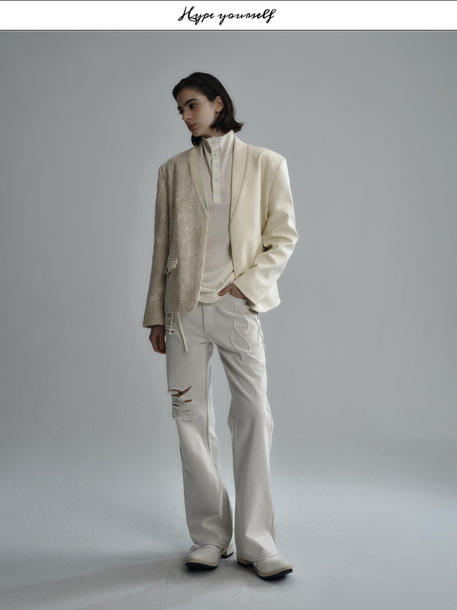 Hypeyourself Lightweight Patchwork Loose Fit V-neck Urban Unisex Viscose Linen Blazers