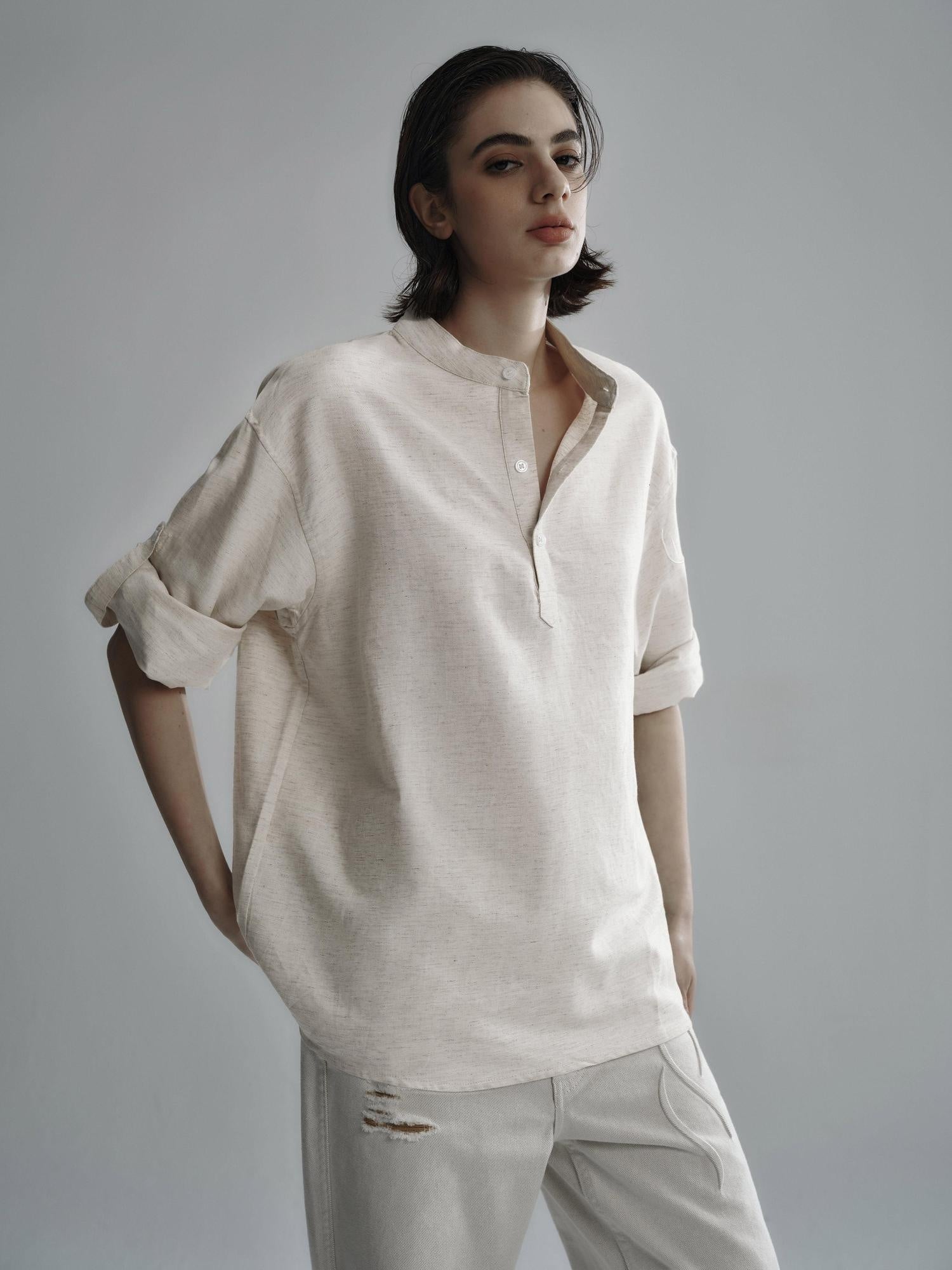 Hypeyourself Lightweight Relaxed Half Open Collar Unisex Linen Blend Long Sleeve Shirts