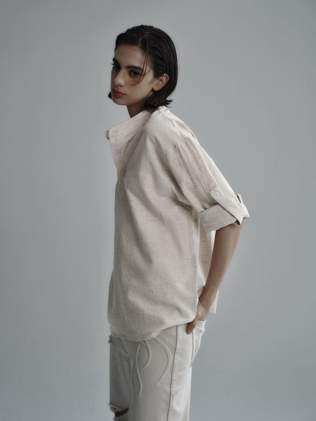 Hypeyourself Lightweight Relaxed Half Open Collar Unisex Linen Blend Long Sleeve Shirts