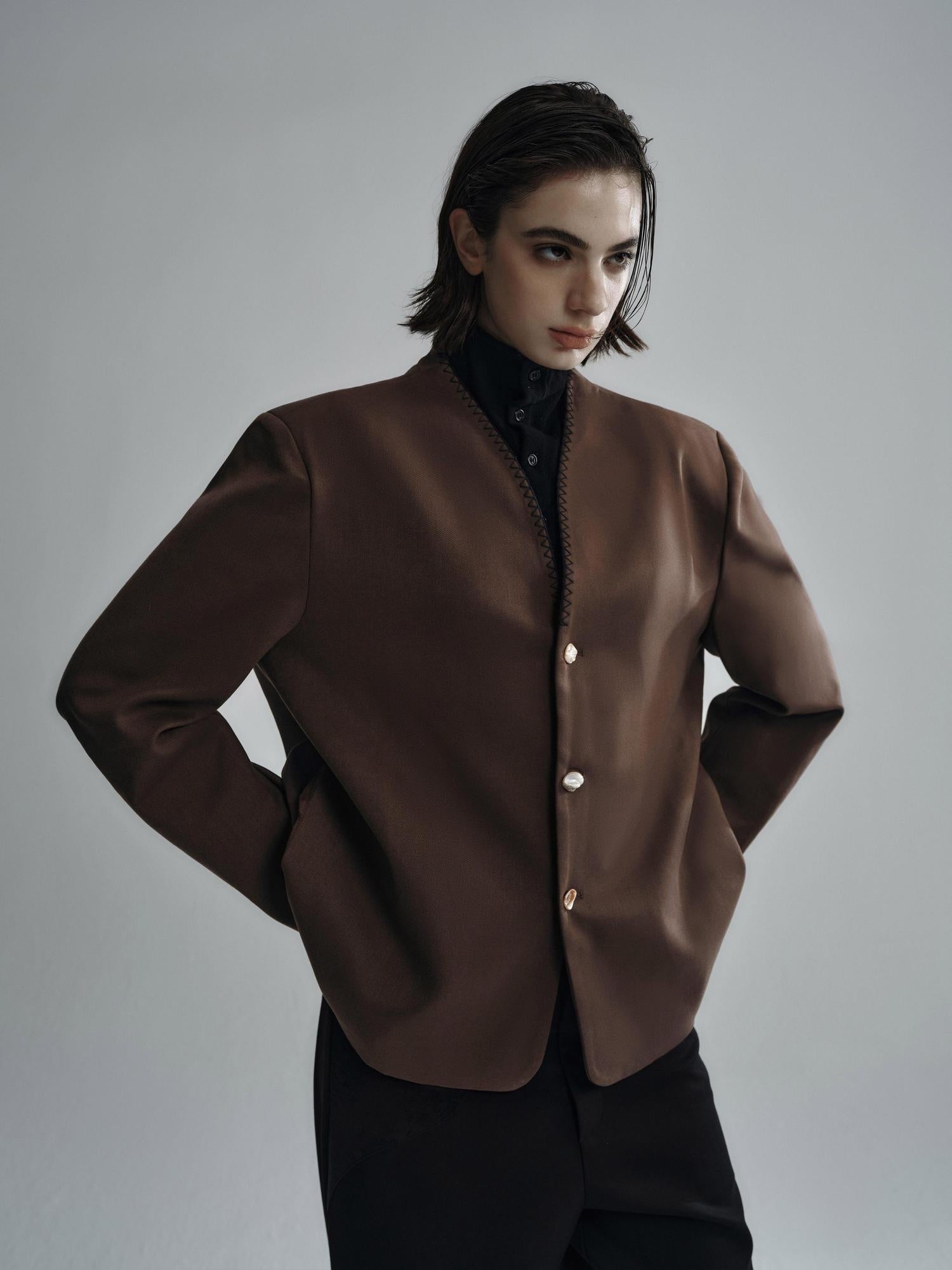 Hypeyourself Minimalist Stretch Wool Blend Stand Collar Short Length Unisex Casual Blazers