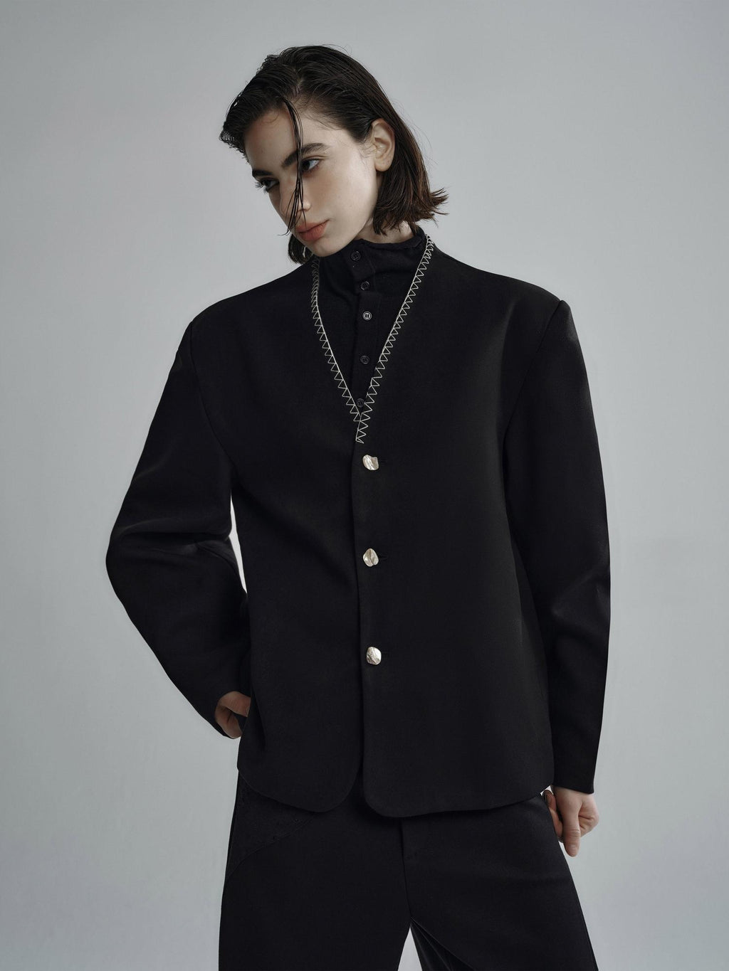 Hypeyourself Minimalist Stretch Wool Blend Stand Collar Short Length Unisex Casual Blazers
