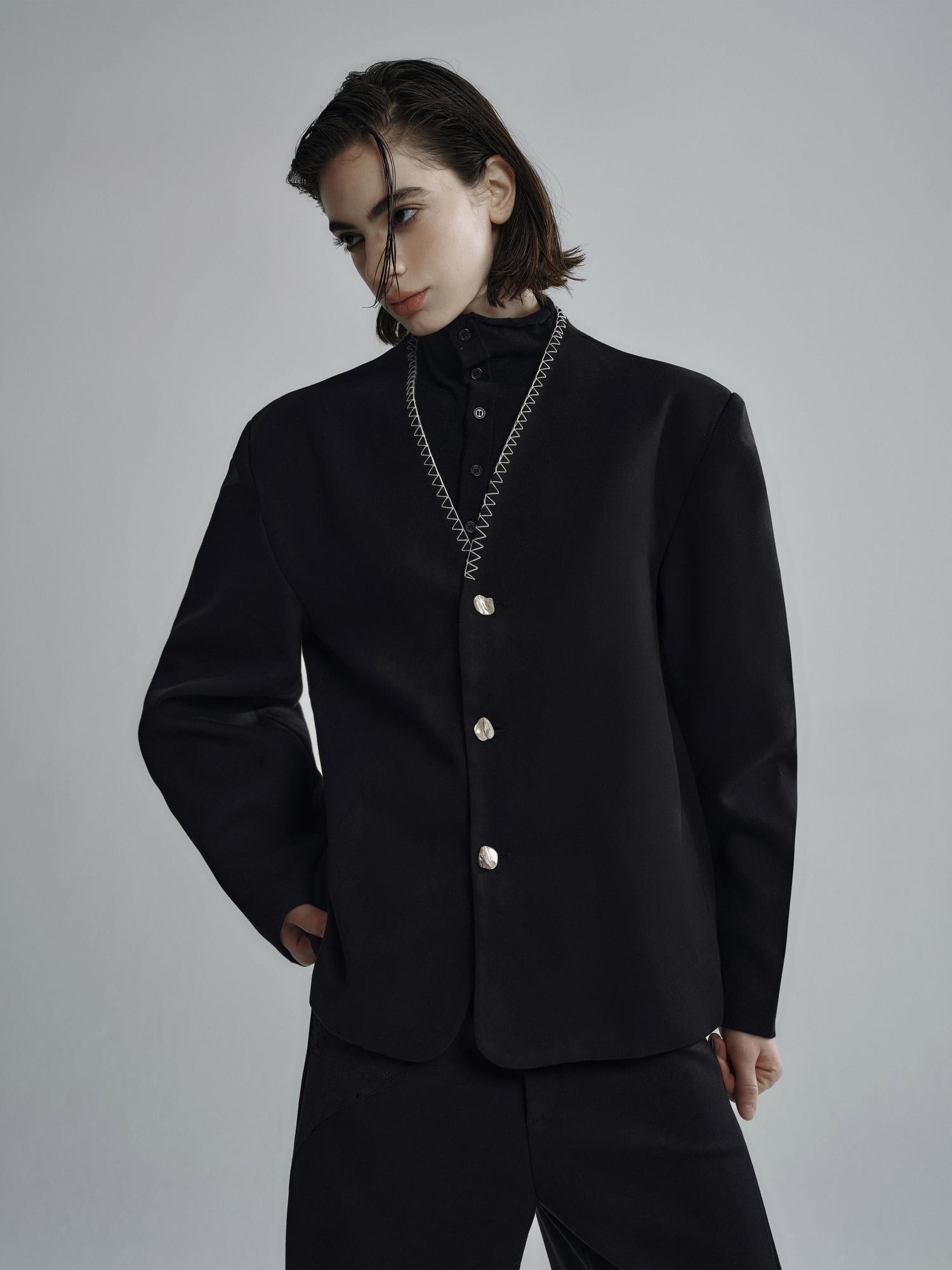 Hypeyourself Minimalist Stretch Wool Blend Stand Collar Short Length Unisex Casual Blazers