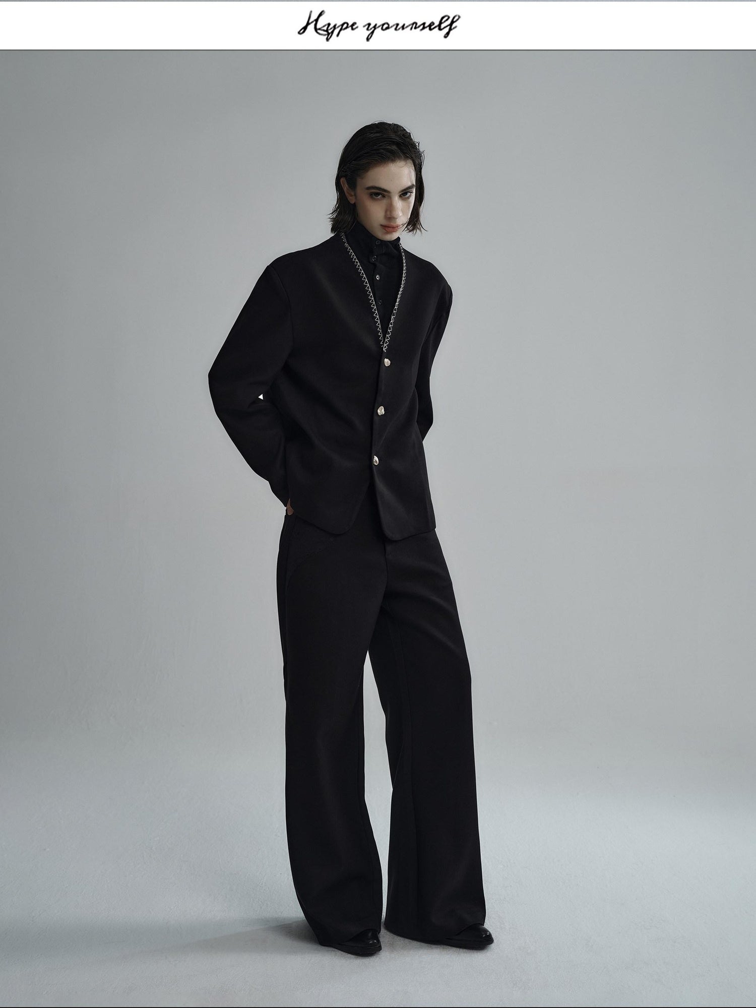 Hypeyourself Minimalist Stretch Wool Blend Stand Collar Short Length Unisex Casual Blazers