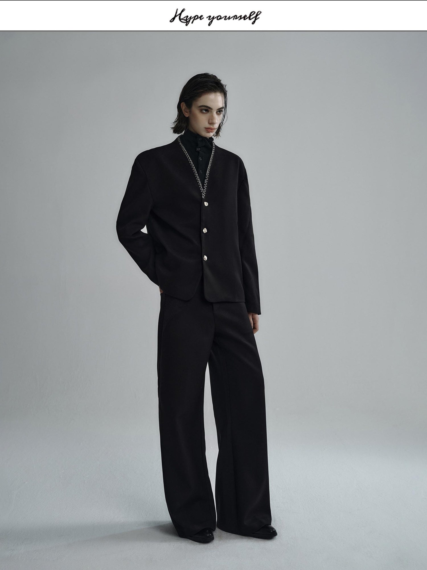 Hypeyourself Minimalist Stretch Wool Blend Stand Collar Short Length Unisex Casual Blazers