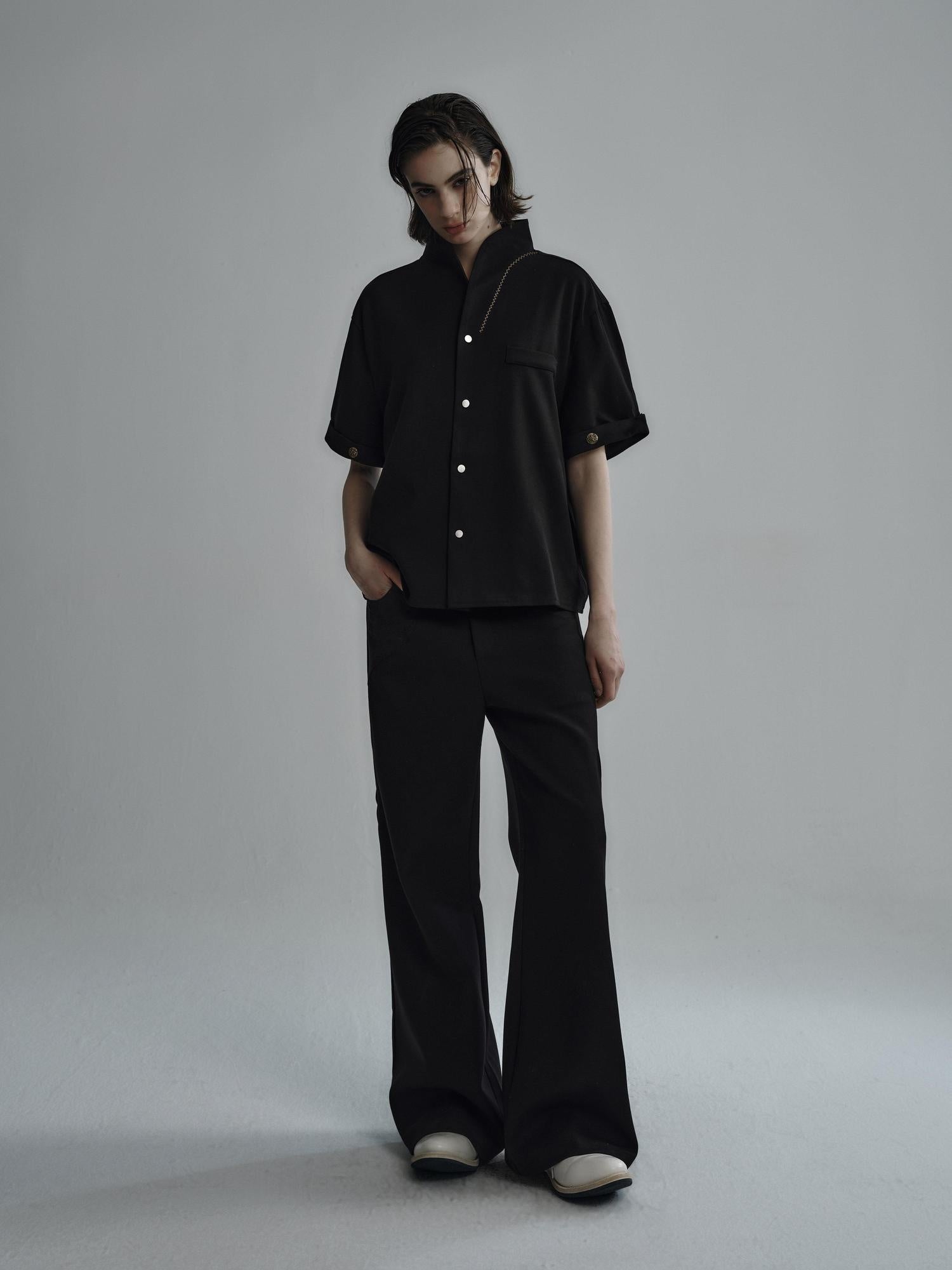 Hypeyourself Non Iron Casual Fit Open Front Unisex Black Wool Blend Short Sleeve Shirts