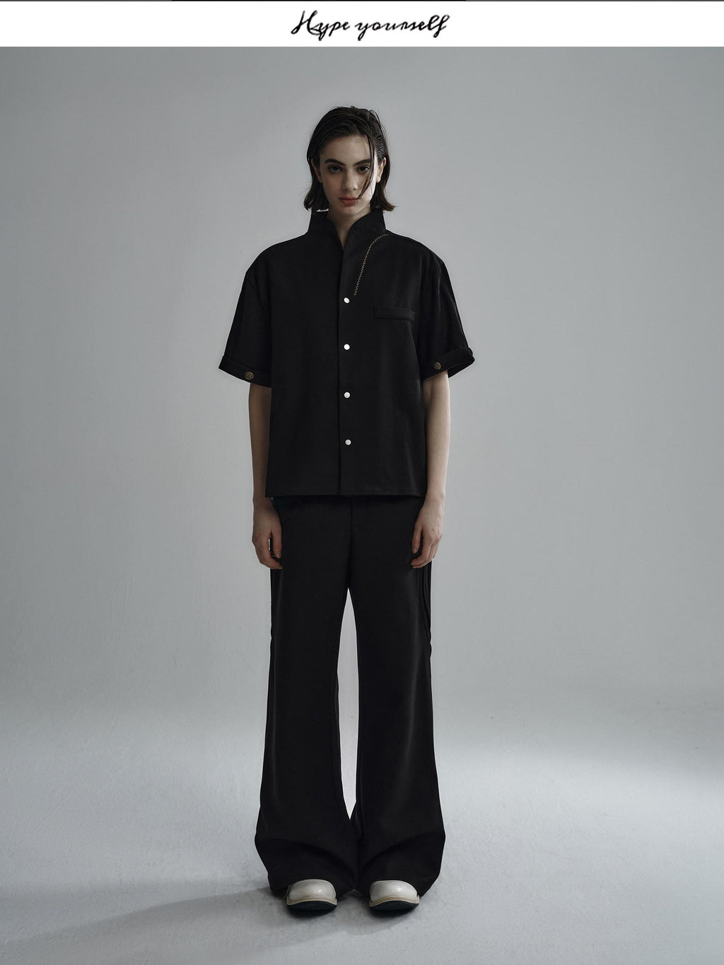 Hypeyourself Non Iron Casual Fit Open Front Unisex Black Wool Blend Short Sleeve Shirts