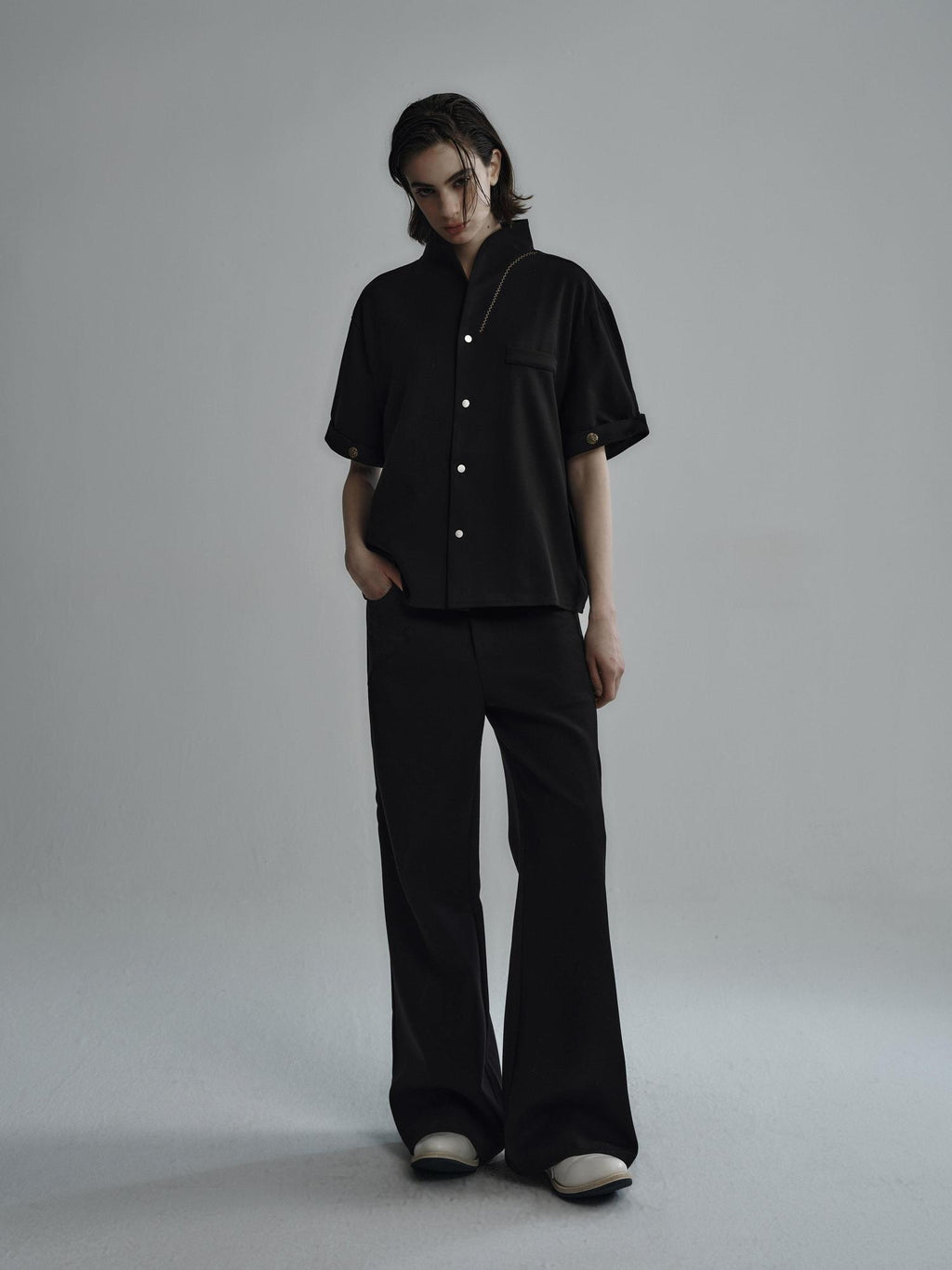 Hypeyourself Noniron Short Sleeve Open Cardigan Youthful Casual Unisex Black Wool Shirts