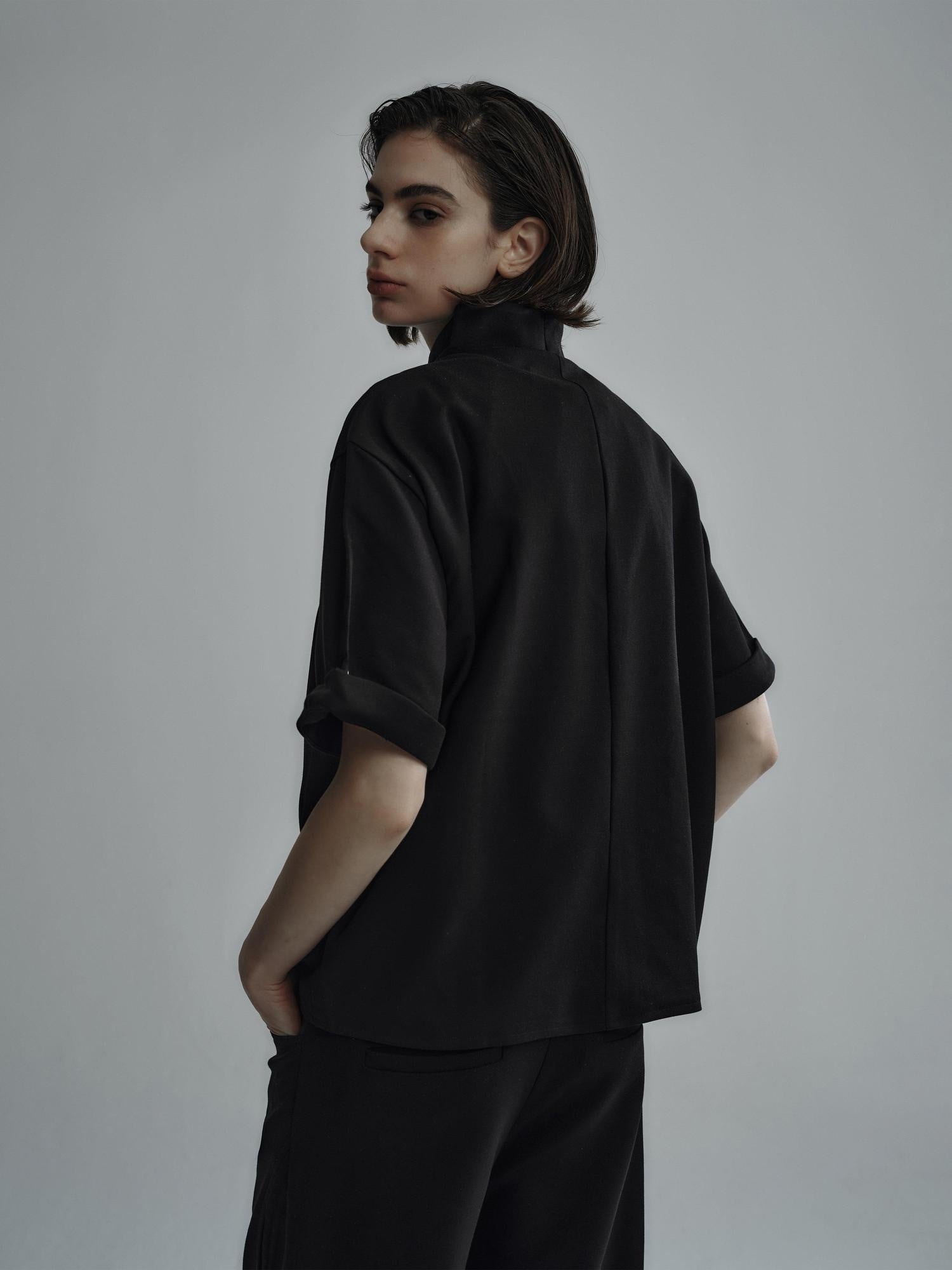 Hypeyourself Noniron Short Sleeve Open Cardigan Youthful Casual Unisex Black Wool Shirts