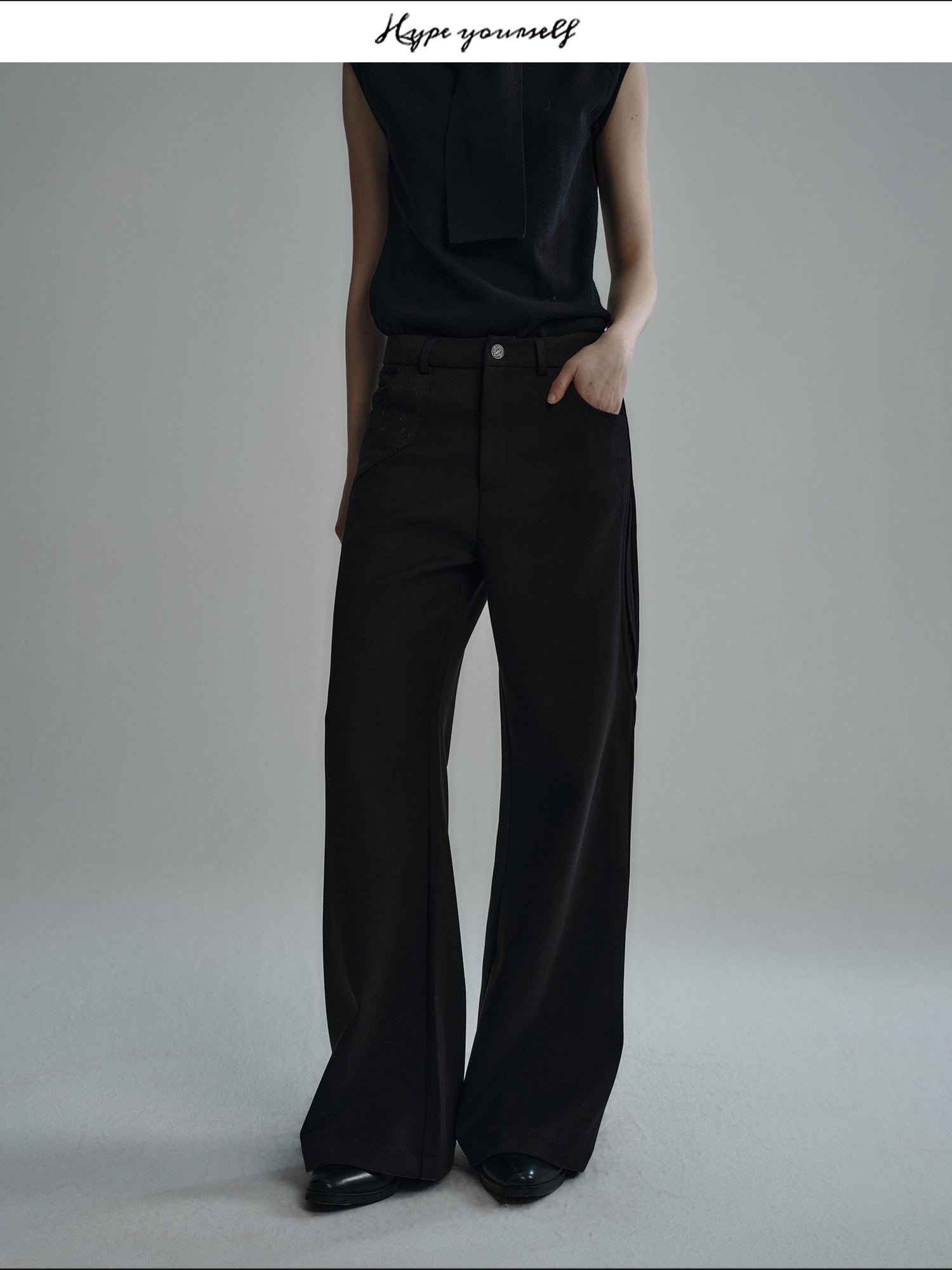 Hypeyourself Obsidian Black Loose Fit Cool Urban Casual Youth Solid Wide Leg Flared Pants