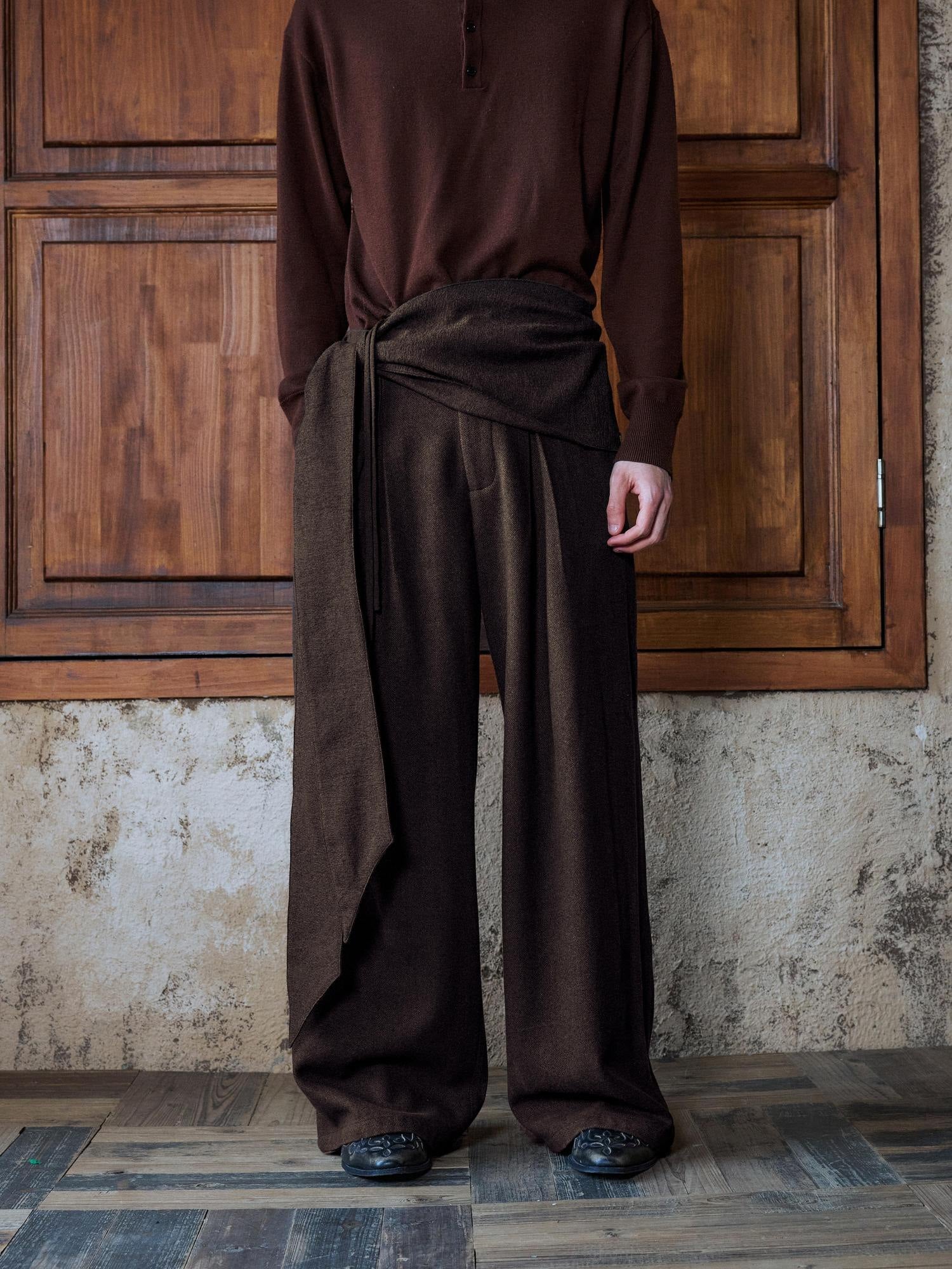 Hypeyourself Pleated Jacquard Vintage Micro Stretch Office Work Dark Coffee Straight Pants