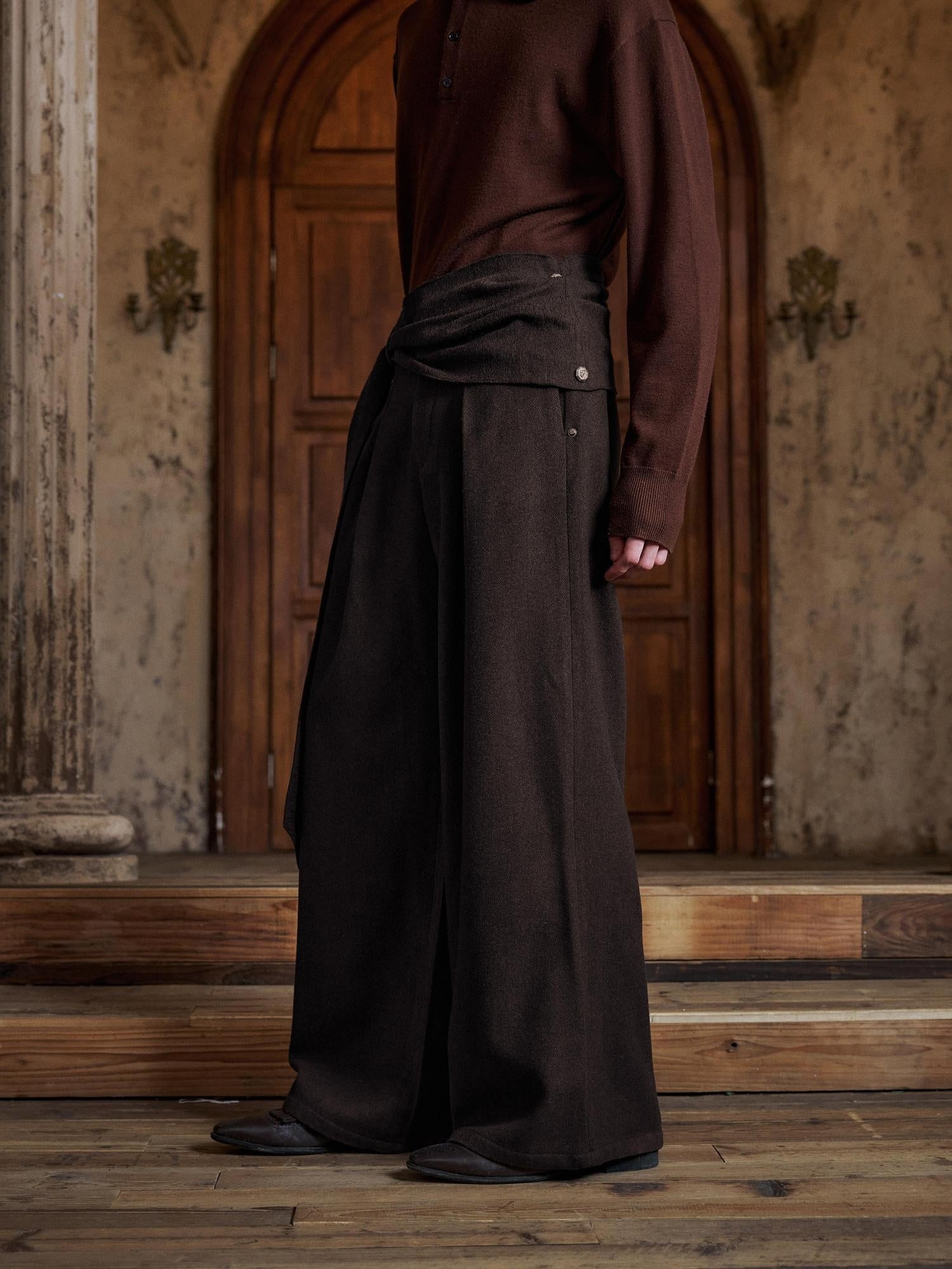 Hypeyourself Pleated Jacquard Vintage Micro Stretch Office Work Dark Coffee Straight Pants