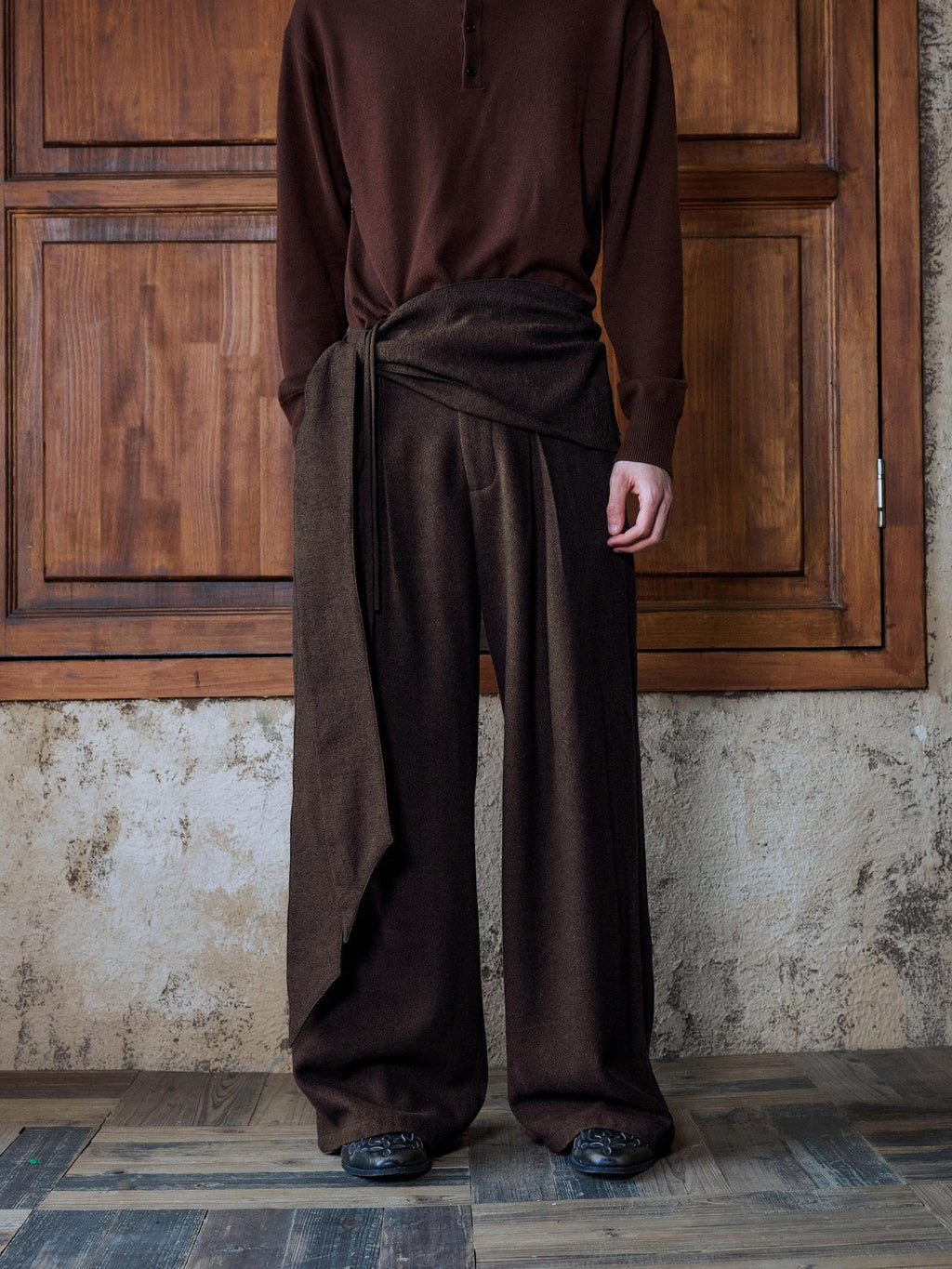 Hypeyourself Pleated Jacquard Vintage Office Micro Stretch Dark Brown Straight Pants