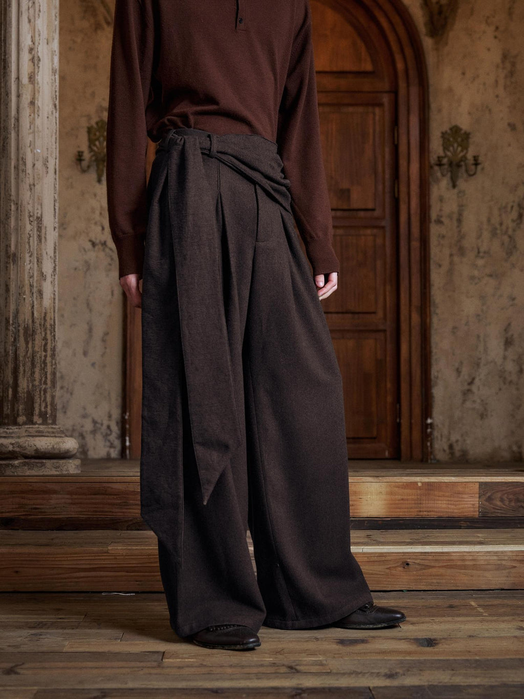Hypeyourself Pleated Jacquard Vintage Office Micro Stretch Dark Brown Straight Pants