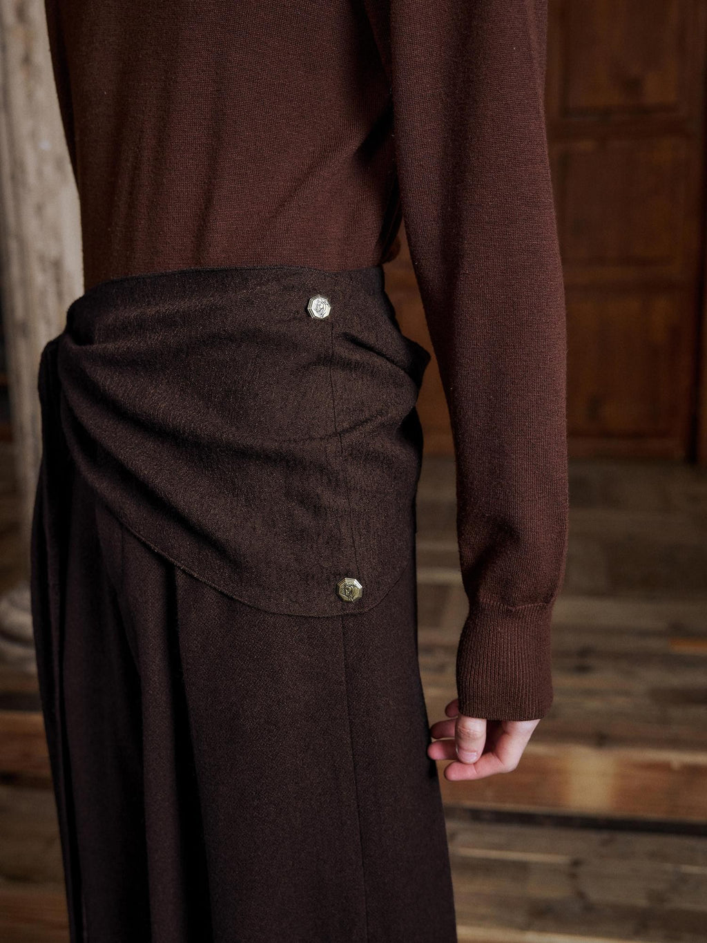 Hypeyourself Pleated Jacquard Vintage Office Micro Stretch Dark Brown Straight Pants