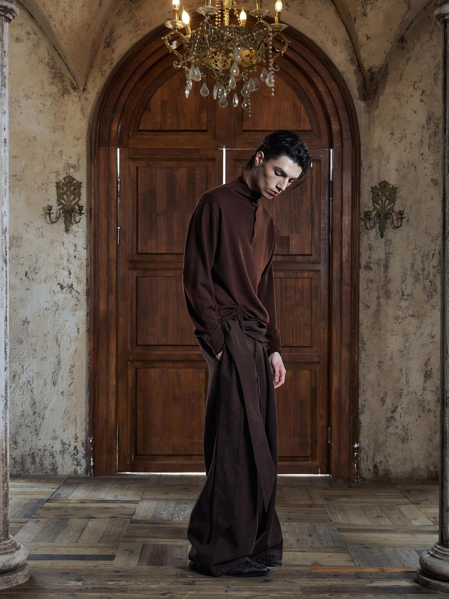 Hypeyourself Pleated Jacquard Vintage Office Micro Stretch Dark Brown Straight Pants