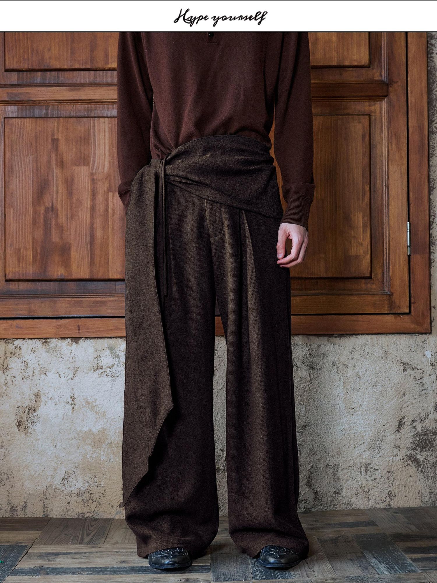 Hypeyourself Pleated Jacquard Vintage Office Micro Stretch Dark Brown Straight Pants