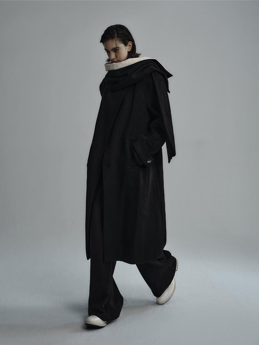 Hypeyourself Premium Cozy Collarless Midlength Single Breasted Youth Black Wool Coats