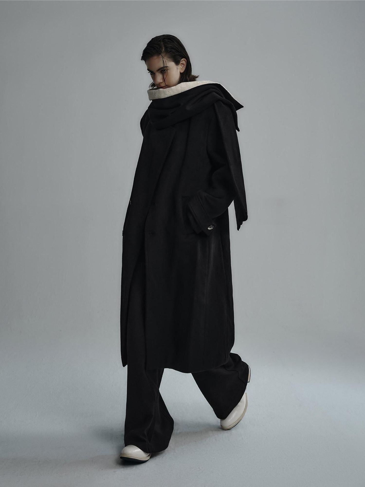 Hypeyourself Premium Cozy Collarless Midlength Single Breasted Youth Black Wool Coats