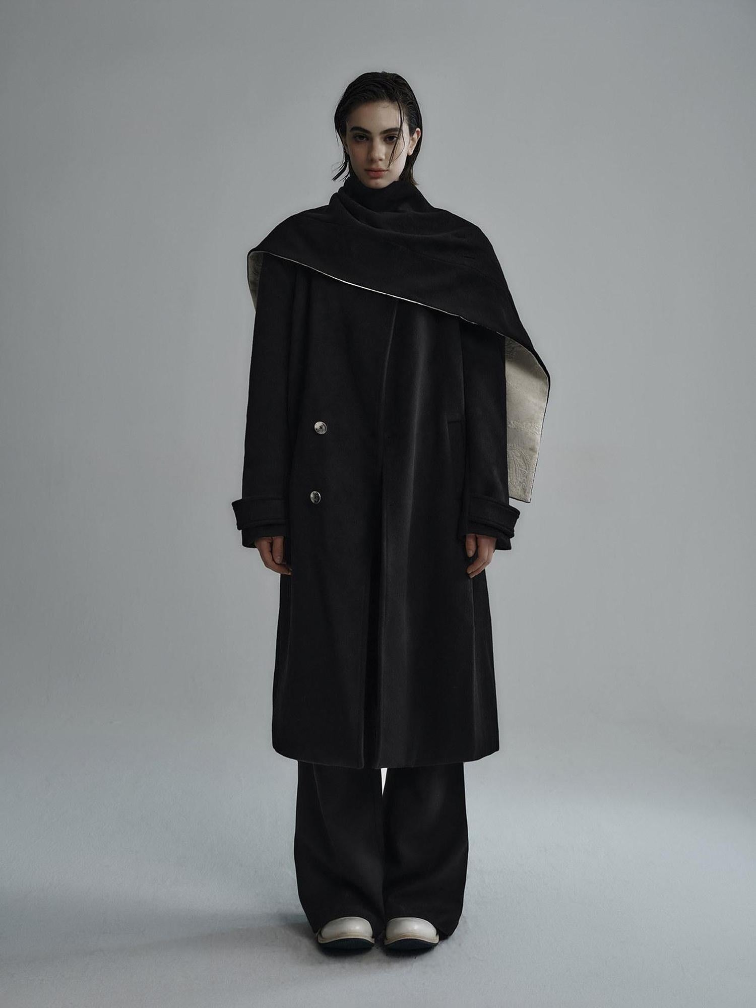 Hypeyourself Premium Cozy Collarless Midlength Single Breasted Youth Black Wool Coats