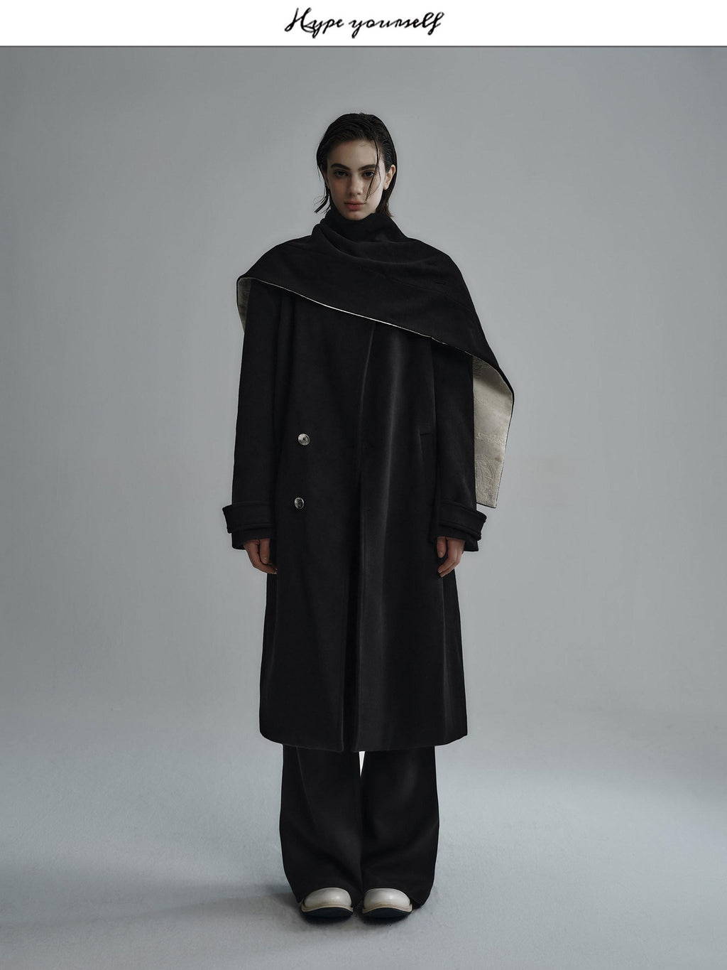 Hypeyourself Premium Cozy Collarless Midlength Single Breasted Youth Black Wool Coats