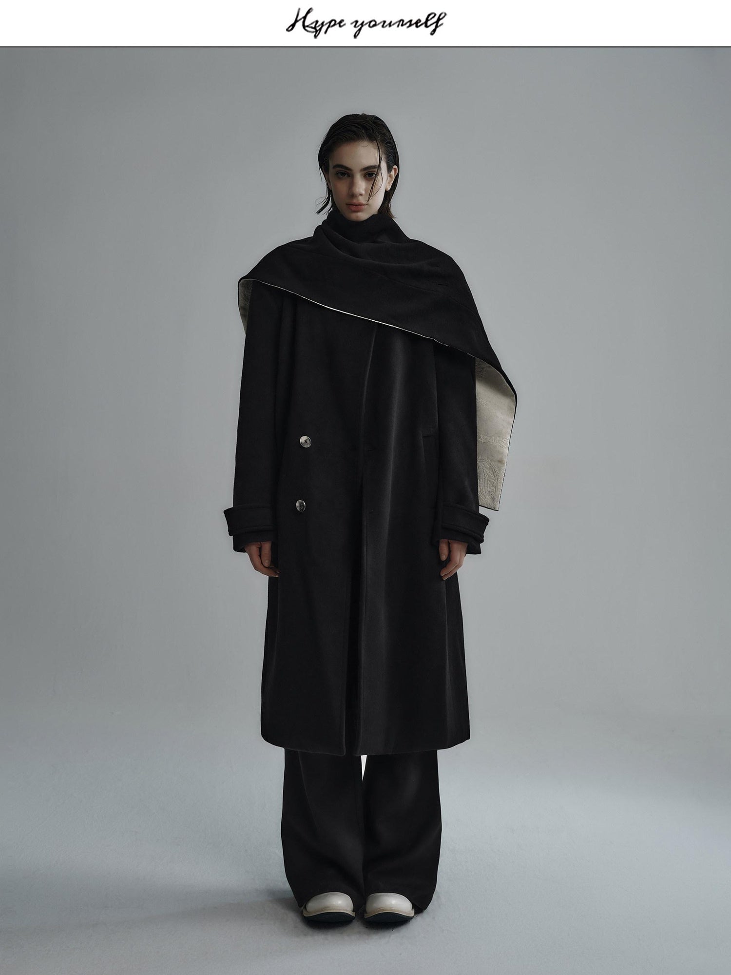 Hypeyourself Premium Cozy Collarless Midlength Single Breasted Youth Black Wool Coats