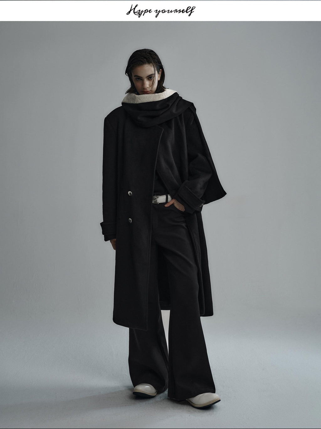 Hypeyourself Premium Cozy Collarless Midlength Single Breasted Youth Black Wool Coats