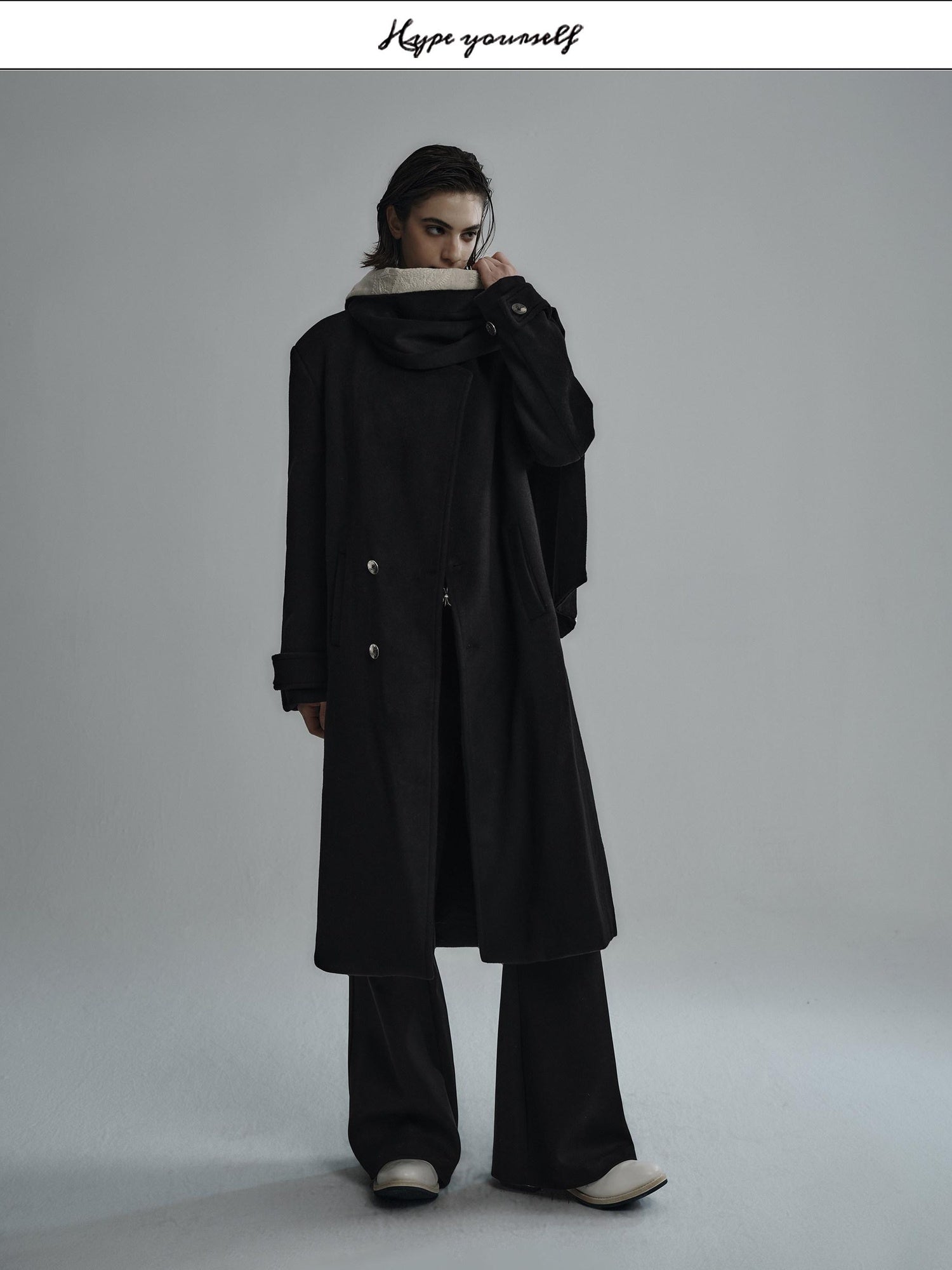Hypeyourself Premium Cozy Collarless Midlength Single Breasted Youth Black Wool Coats