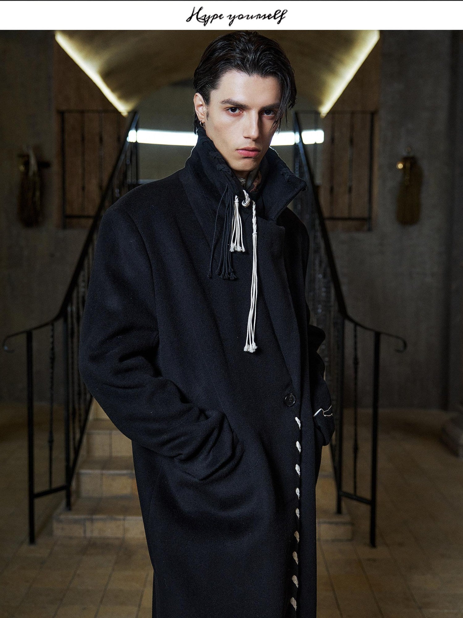 Hypeyourself Pure Wool Embroidered Urban Tailored Midlength Suit Collar Kids Black Wool Coats