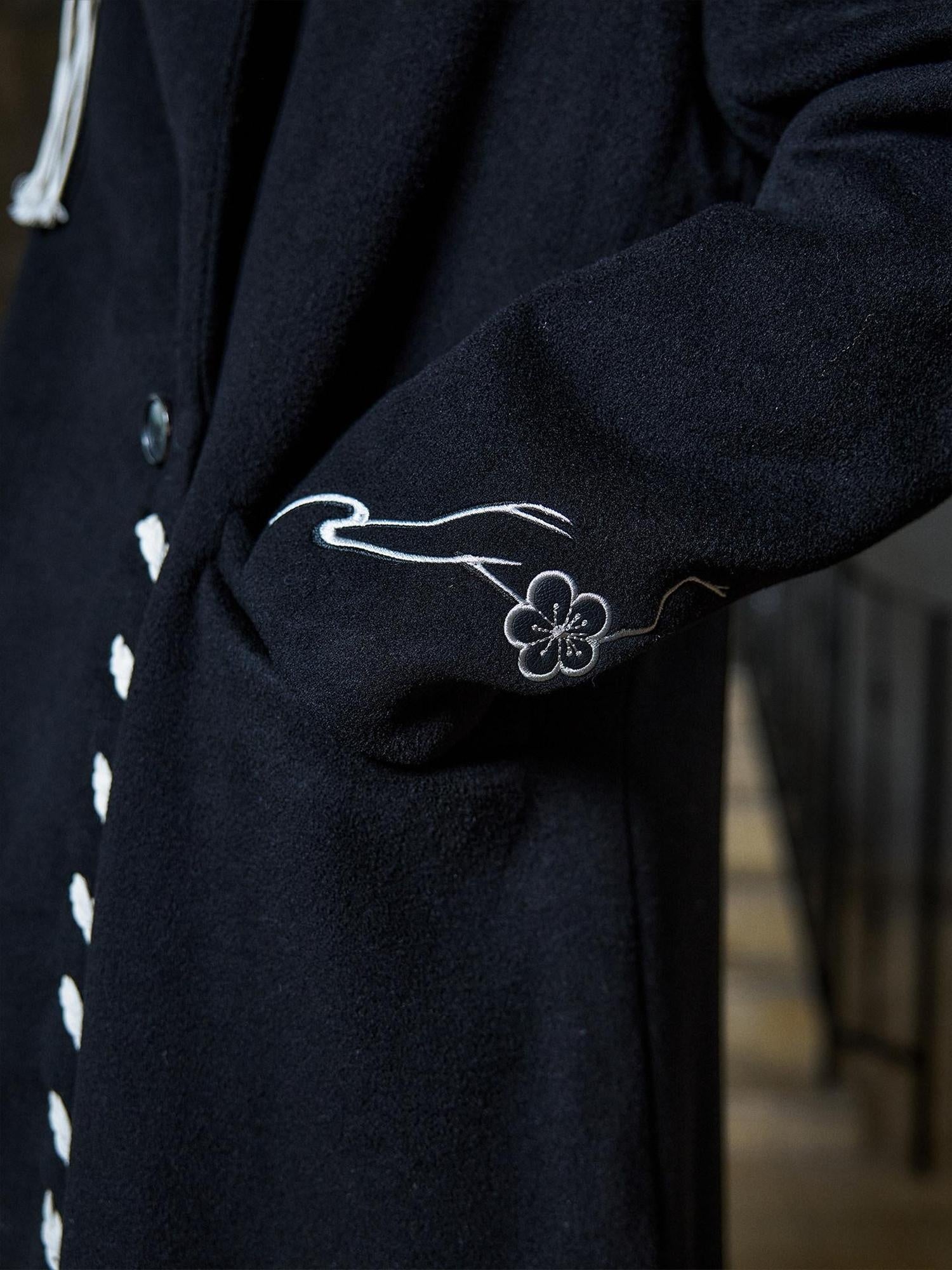 Hypeyourself Pure Wool Embroidered Urban Tailored Midlength Suit Collar Kids Black Wool Coats