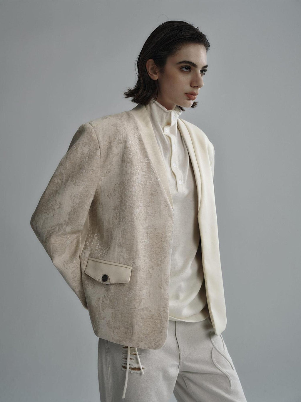 Hypeyourself Relaxed Patchwork Urban V-neck Unisex Youth Viscose Linen Blend Solid Blazers