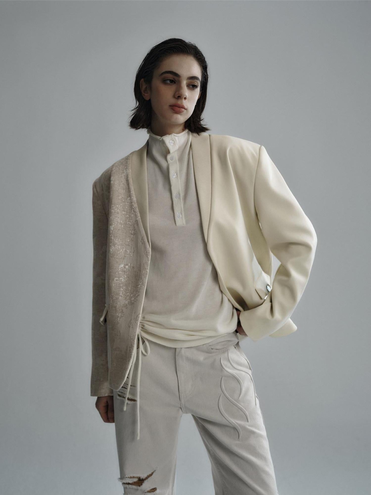 Hypeyourself Relaxed Patchwork Urban V-neck Unisex Youth Viscose Linen Blend Solid Blazers
