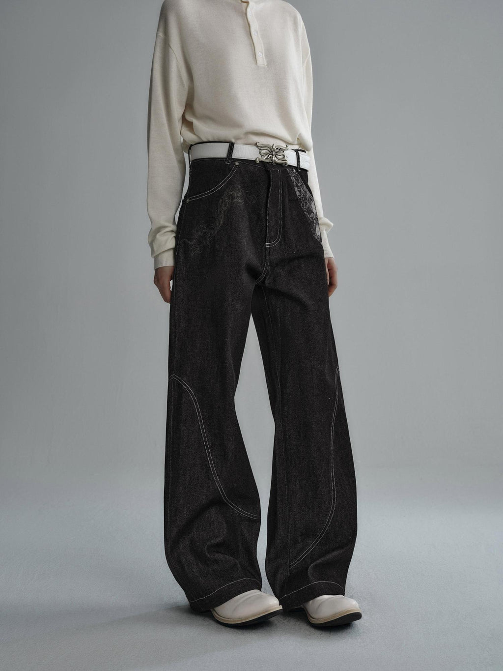 Hypeyourself Selvedge Denim Patchwork Mid Rise Stainproof Loose Casual Straight Leg Jeans