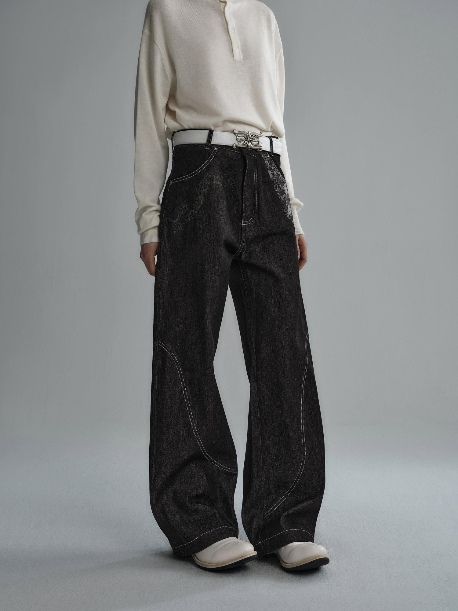Hypeyourself Selvedge Denim Patchwork Mid Rise Stainproof Loose Casual Straight Leg Jeans