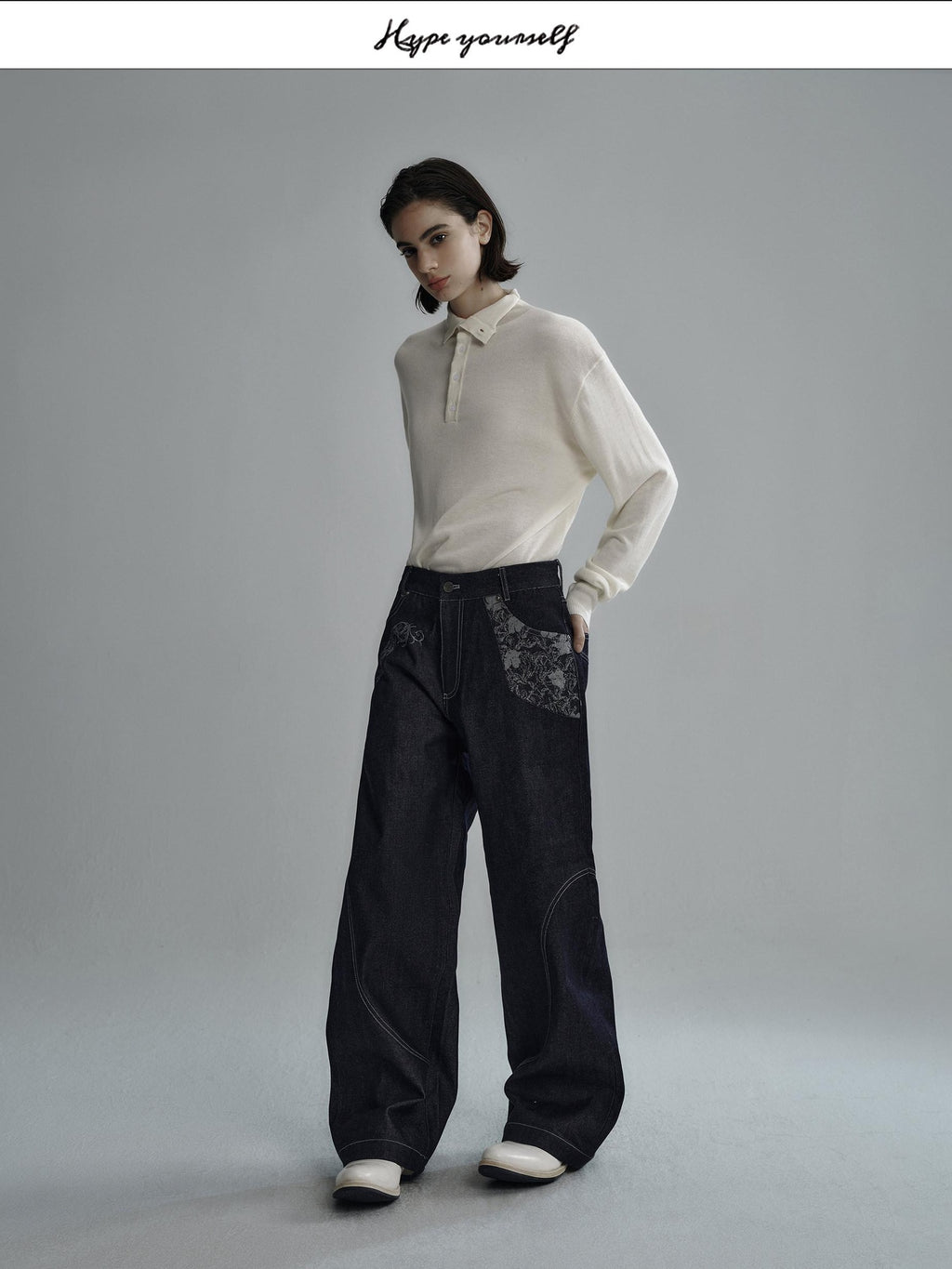 Hypeyourself Selvedge Denim Patchwork Mid Rise Stainproof Loose Casual Straight Leg Jeans