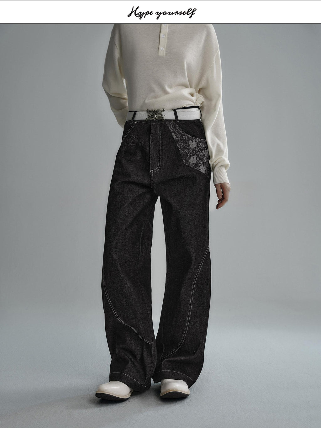 Hypeyourself Selvedge Denim Patchwork Mid Rise Stainproof Loose Casual Straight Leg Jeans