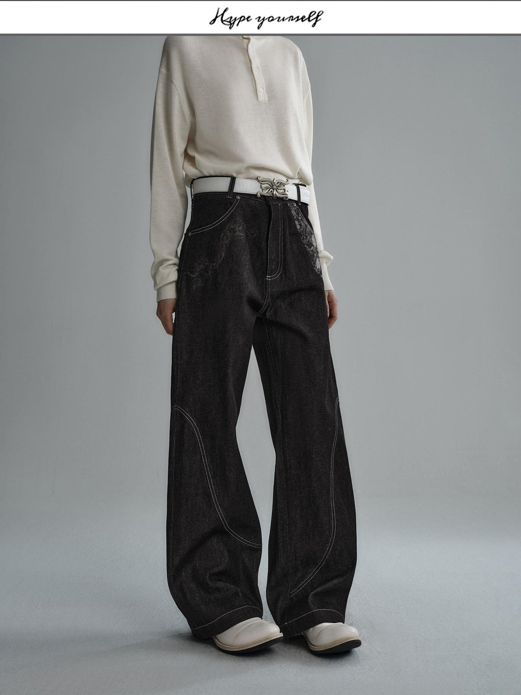 Hypeyourself Selvedge Denim Patchwork Mid Rise Stainproof Loose Casual Straight Leg Jeans
