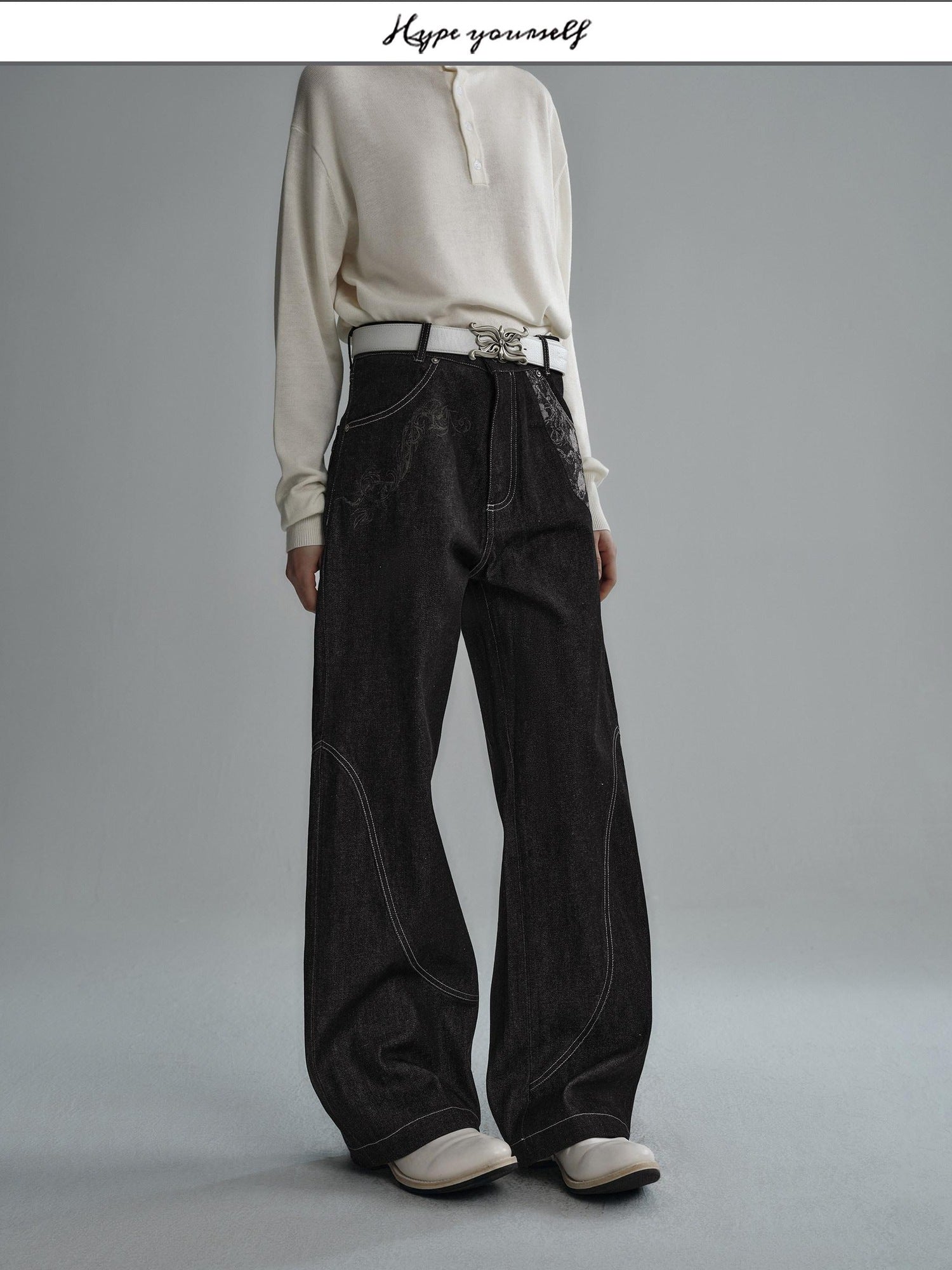 Hypeyourself Selvedge Denim Patchwork Mid Rise Stainproof Loose Casual Straight Leg Jeans