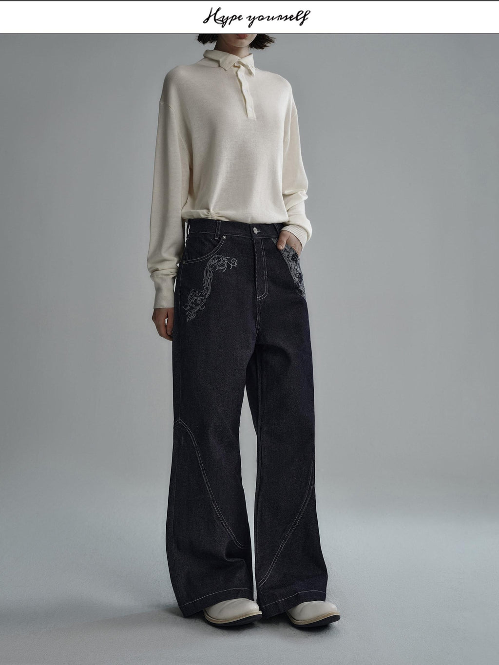 Hypeyourself Selvedge Denim Patchwork Mid Rise Stainproof Loose Casual Straight Leg Jeans