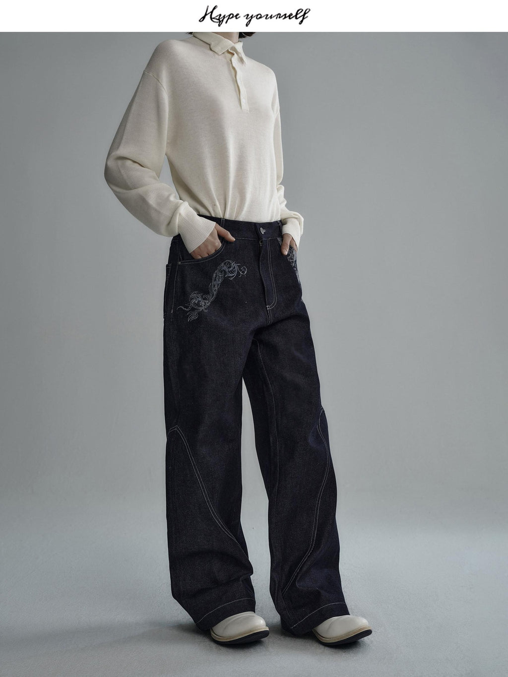Hypeyourself Selvedge Denim Patchwork Mid Rise Stainproof Loose Casual Straight Leg Jeans