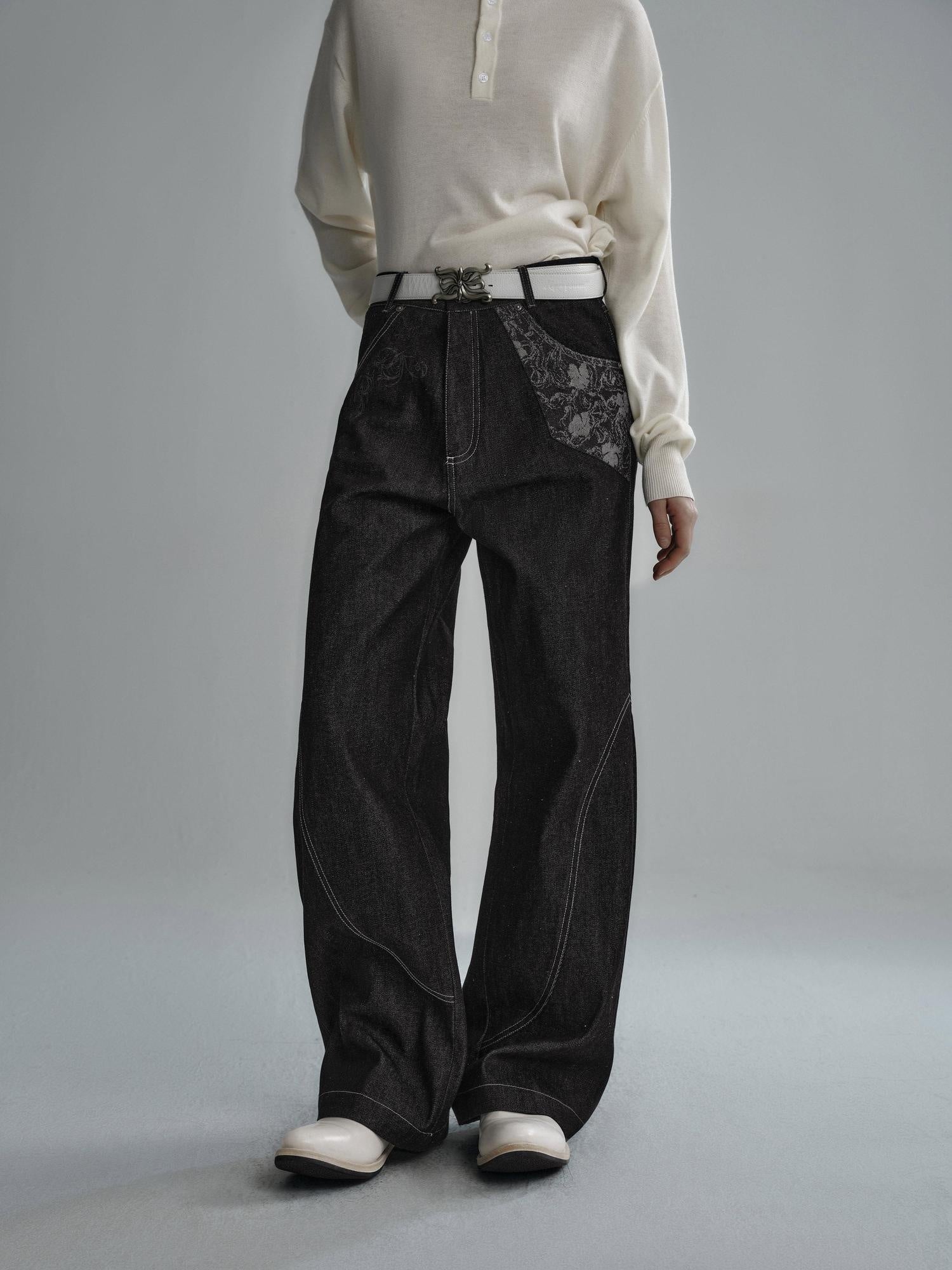Hypeyourself Selvedge Denim Patchwork Mid Rise Stainproof Loose Casual Straight Leg Jeans