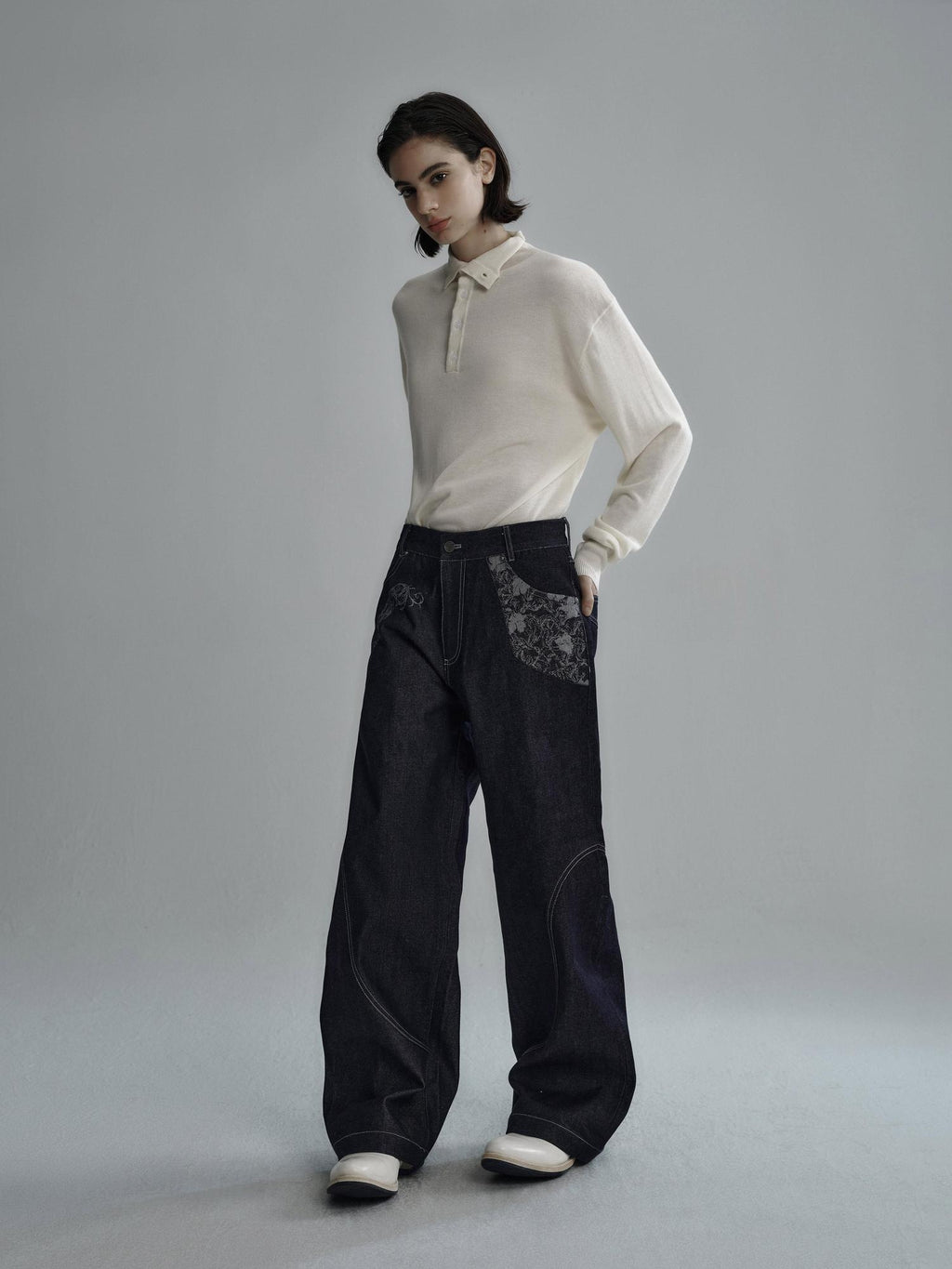 Hypeyourself Selvedge Denim Patchwork Mid Rise Stainproof Loose Casual Straight Leg Jeans