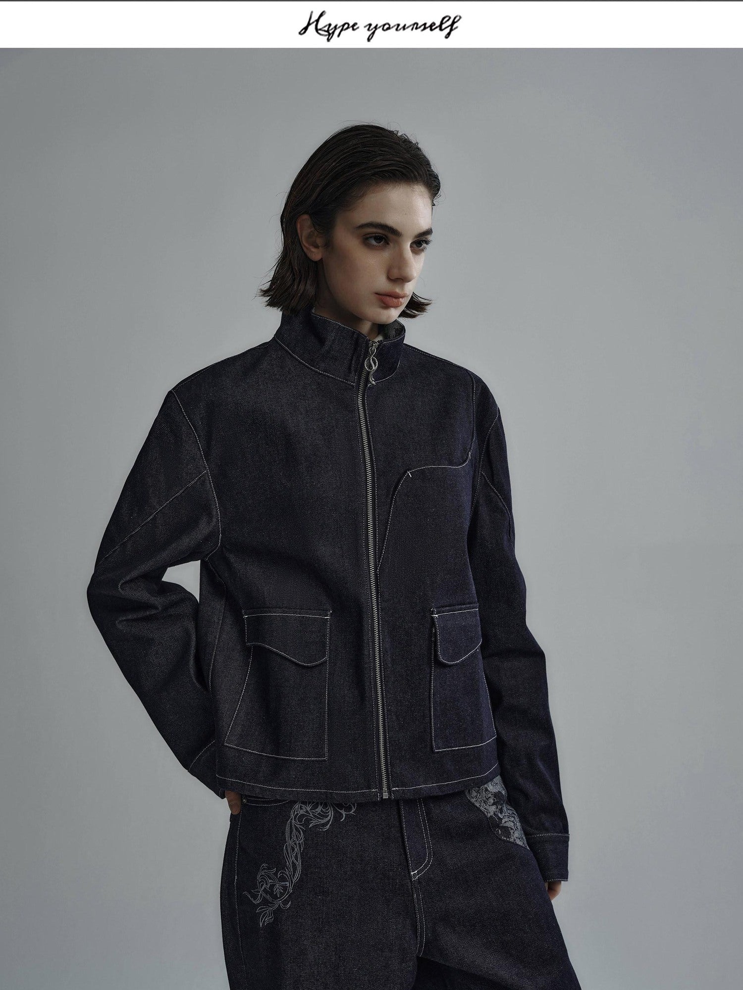 Hypeyourself Selvedge Loose Fit Stand Collar Zip Front Youth Urban Streetwear Denim Jackets