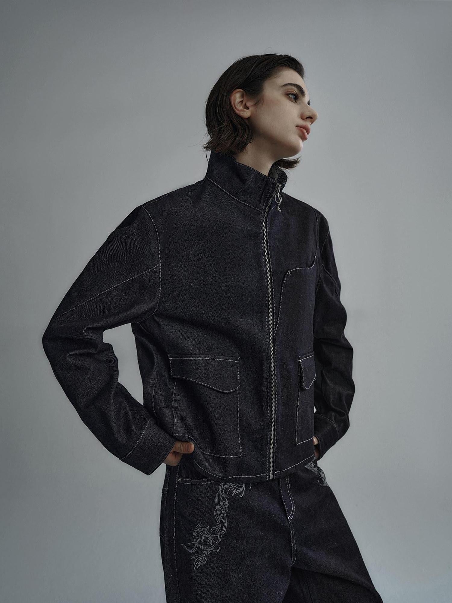 Hypeyourself Selvedge Loose Fit Stand Collar Zip Front Youth Urban Streetwear Denim Jackets