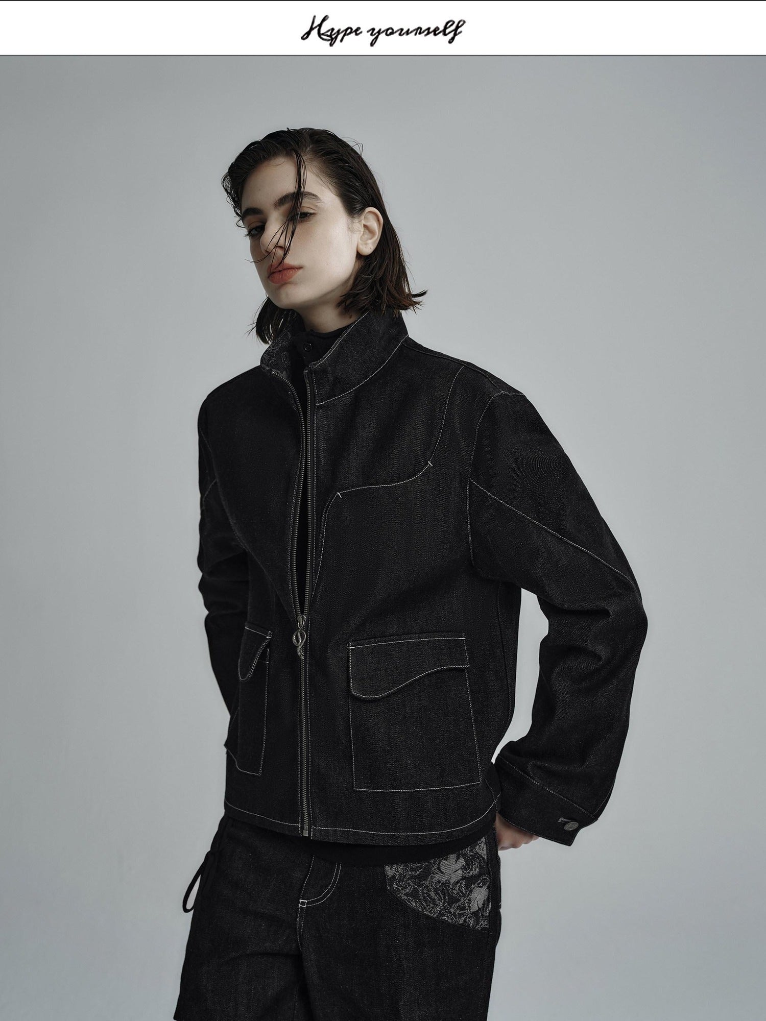 Hypeyourself Selvedge Loose Fit Stand Collar Zipper Urban Teen Long Sleeve Denim Jackets