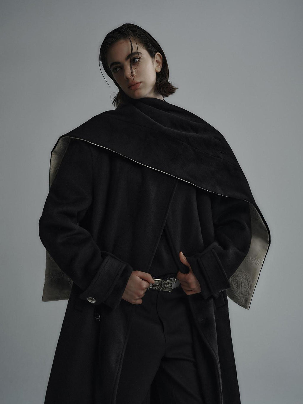 Hypeyourself Sleek Minimalist Single Breasted Mid Length No Collar Youth Black Wool Coats